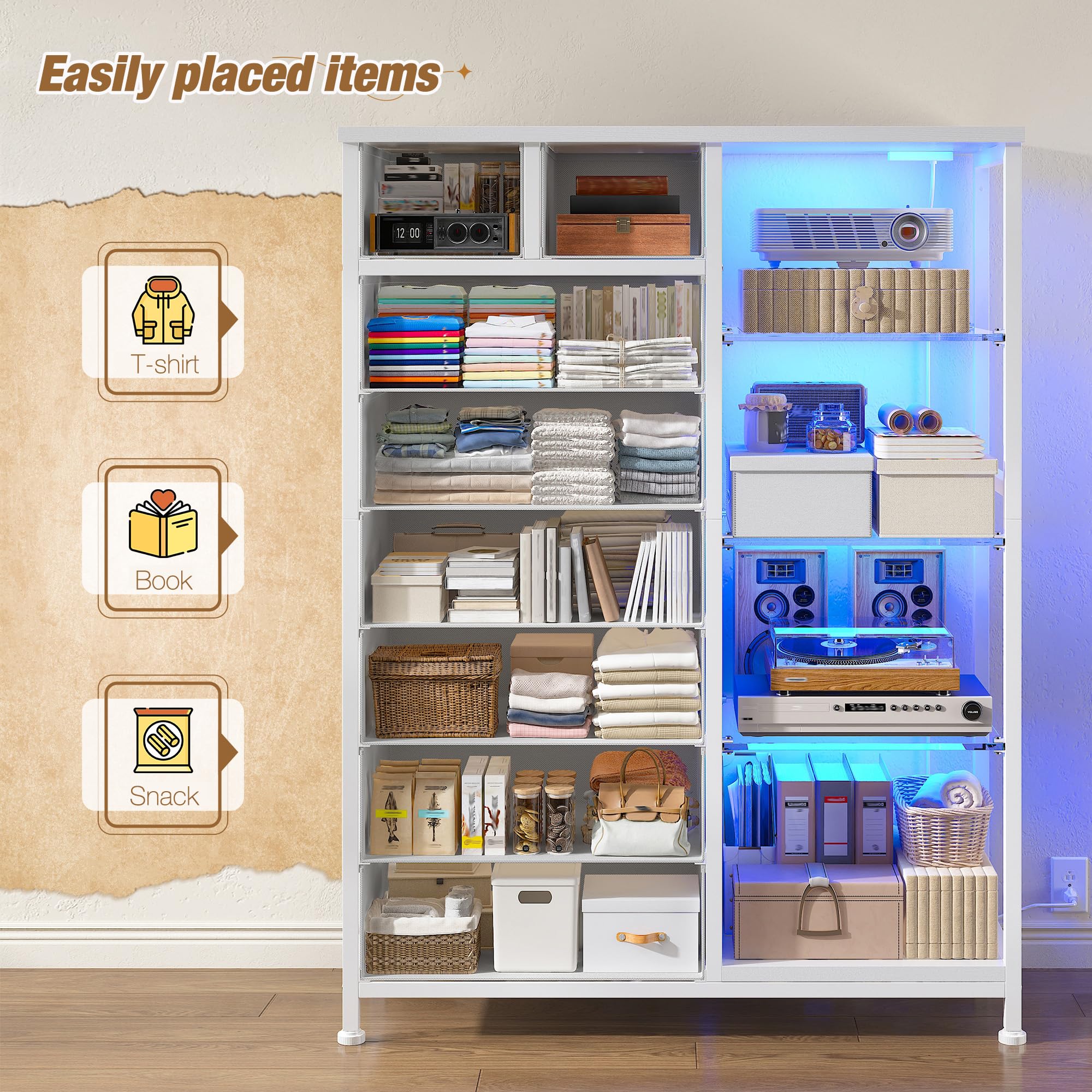 EnHomee 54" H Dresser for Bedroom with LED Lights & Power Outlets Dresser with 8 Drawers Fabric Dressers & Chests of Drawers, Shelves for Bedroom, Sturdy Metal Frame, Acrylic Plates (White)