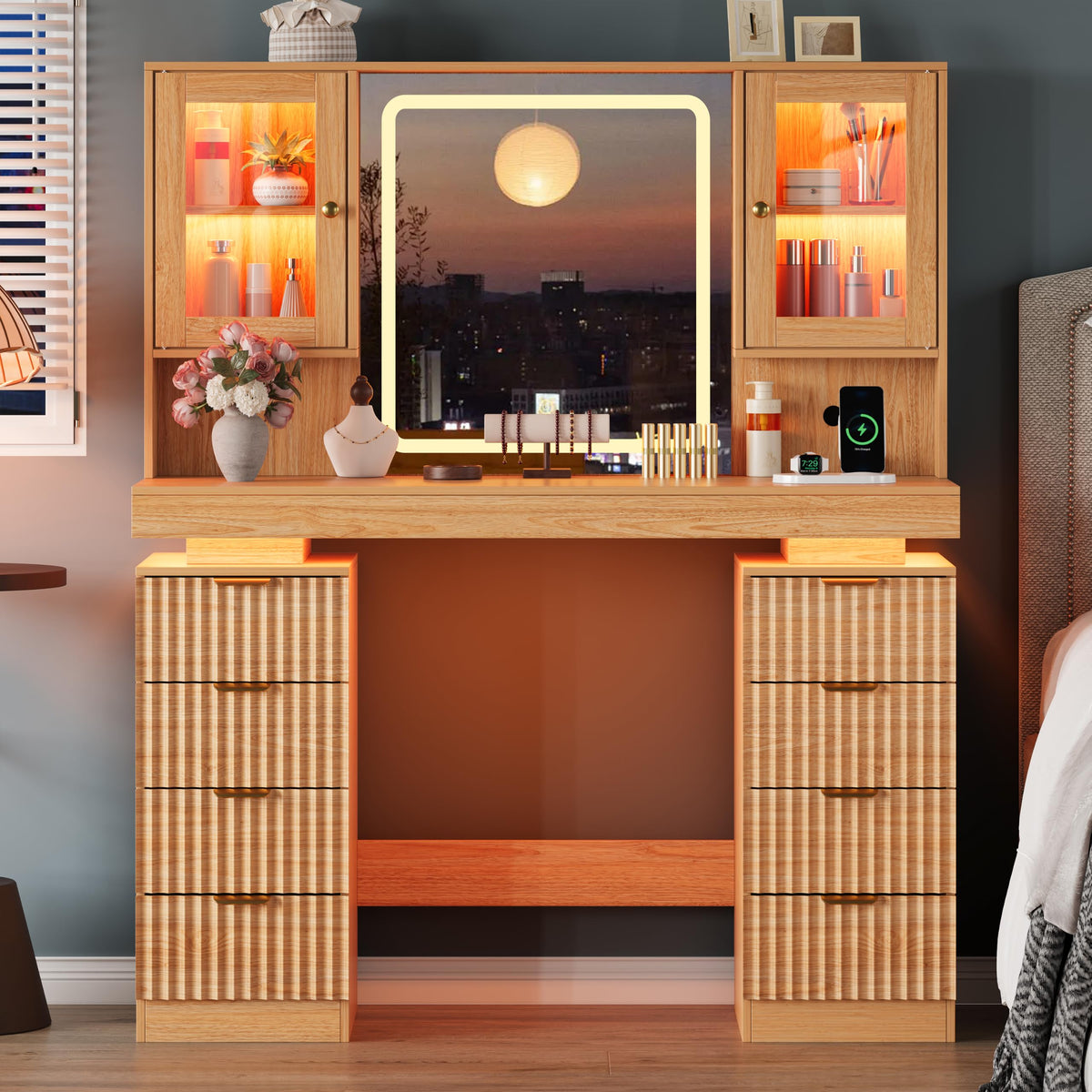 BOXACTION 45" Floating Vanity Desk with RGB Lighting & Led Mirror, Oak