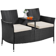 Outdoor PE Rattan Loveseat with Side Table & Cushions