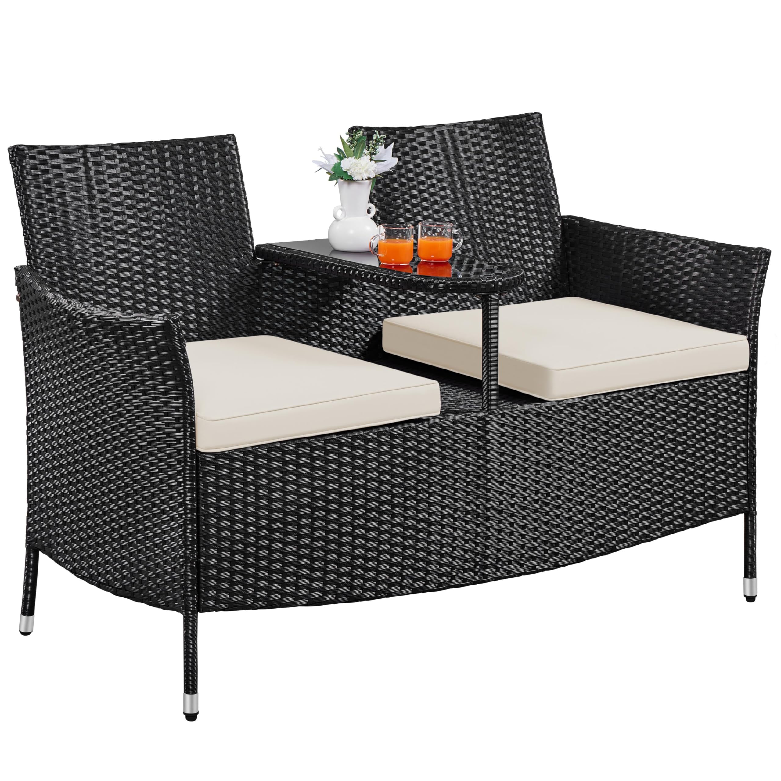 Outdoor PE Rattan Loveseat with Side Table & Cushions
