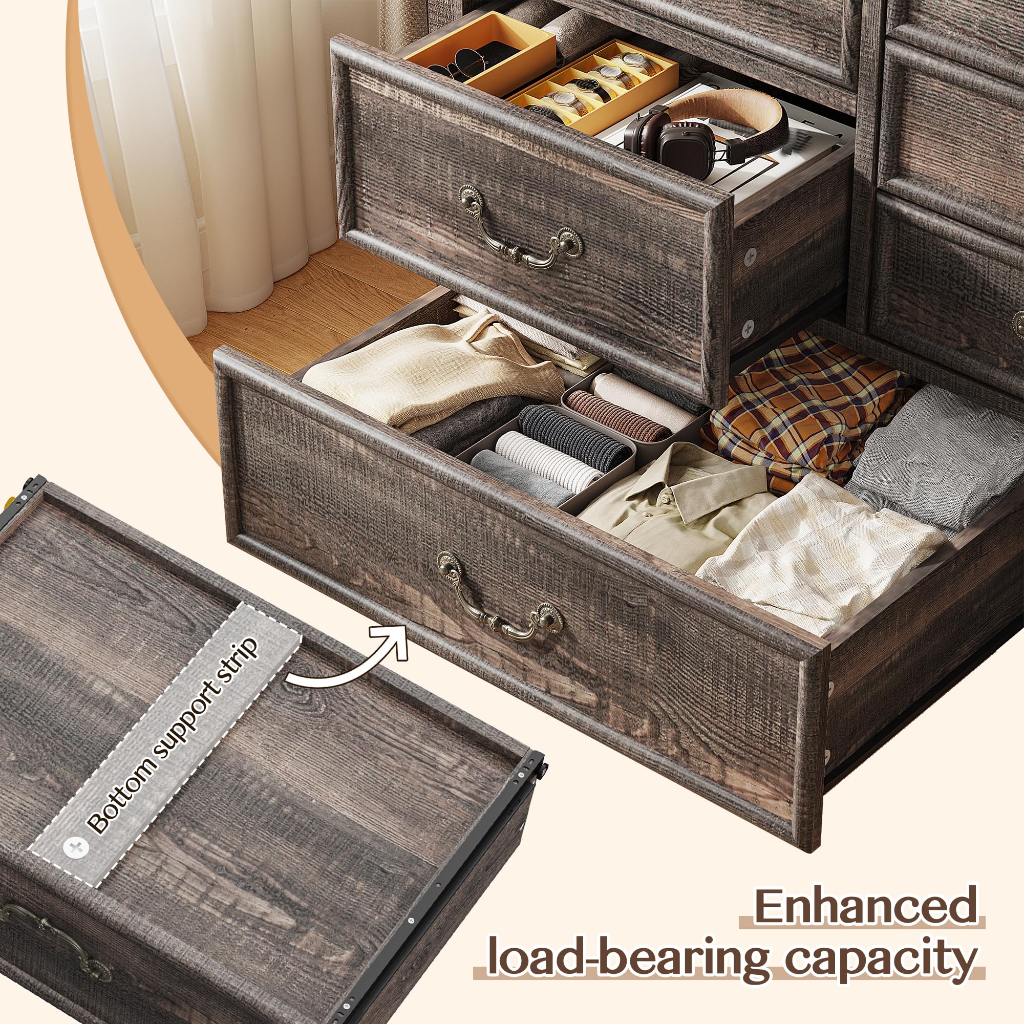 EnHomee Farmhouse 9 Drawer Dresser for Bedroom, 52" Wooden Dresser with Vintage Design, Hallway, 15.6" D x 52" W x 36" H Dark Rustic Oak