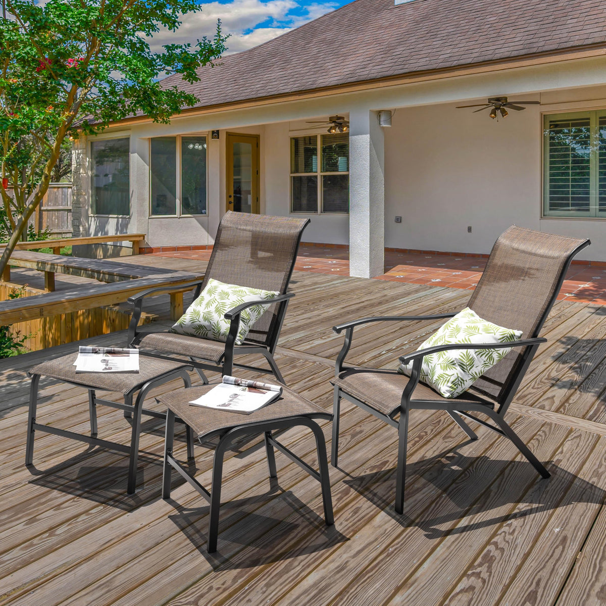 NUU GARDEN Set of 2 Patio Chaise Lounges Chair, Recliner Chairs with Ottoman, All-Weather Textilene Chaise Lounge with Metal Frame, Outdoor Lounge Chairs for Backyard, Garden, Deck, Brown