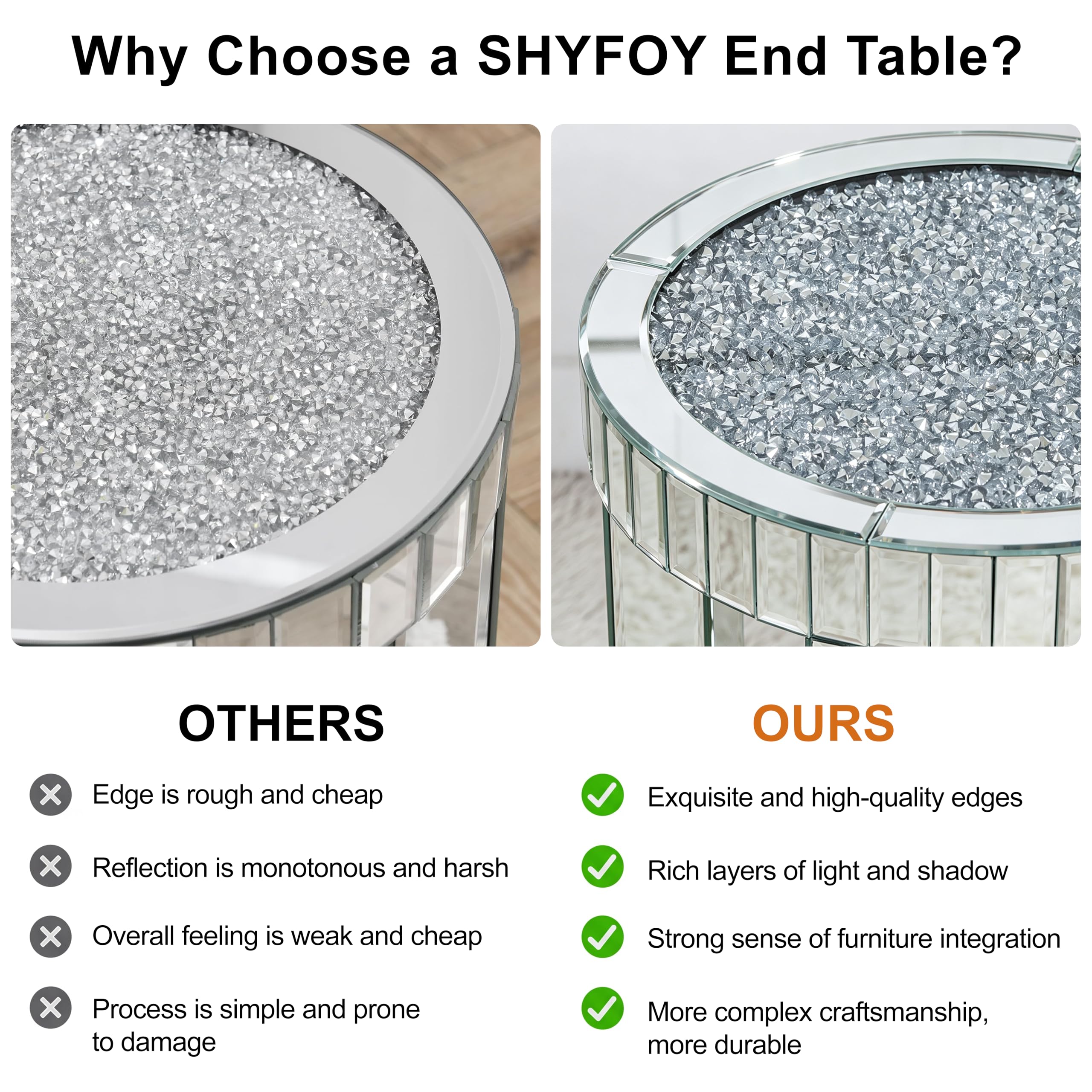 SHYFOY Mirrored Round End Table with Crystals Inlay, 2-Tier Modern Glass Small Sofa Table with Storage, Silver Accent Table for Living Room, Bedroom and Small Spaces