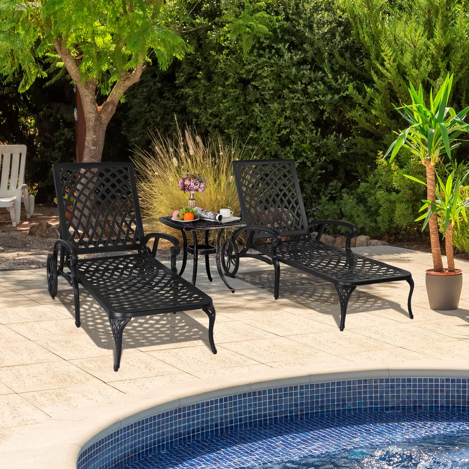 Outdoor Chaise Lounge Chair with Adjustable Backrest & Wheels