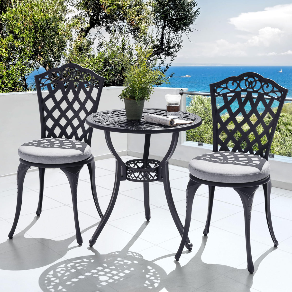NUU GARDEN 3-Piece Patio Bistro Set Outdoor Cast Aluminum Bistro Table and Chairs Set of 2, Outdoor Patio Bistro Set with Umbrella Hole and Gray Cushions for Patio and Balcony, Black