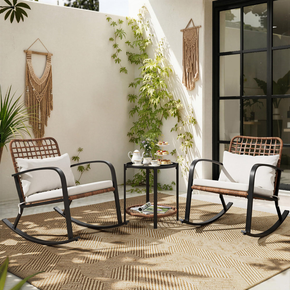 Mugovelo 3 Piece Patio Bistro Set with Cushion, 2 Rocking Chairs with Table
