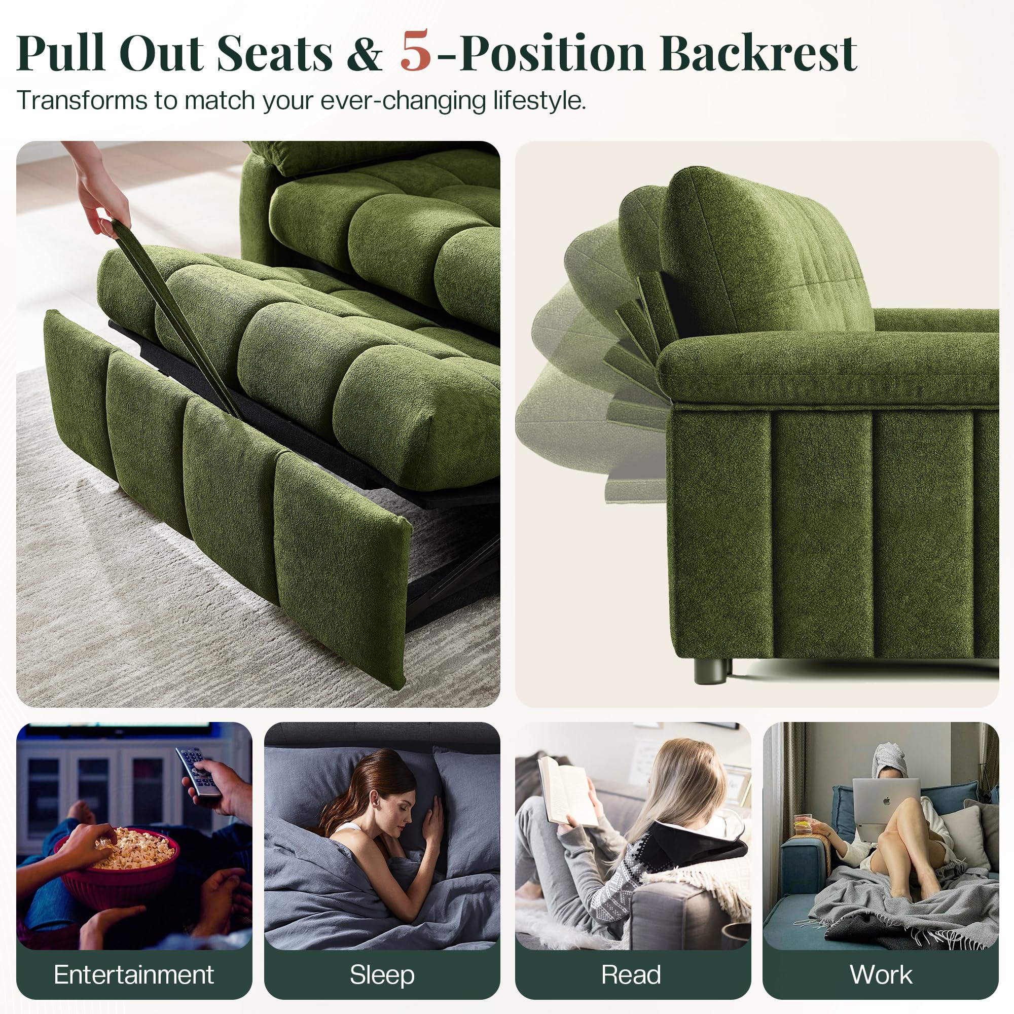 Jocisland 93” 4-in-1 Convertible Sofa Bed, Full Size Cloud Sleeper Sofa, Tufted Chenille, 5-Position Adjustable Backrest, 10-Minute Tool-Free Assembly, Couches for Living Room Guest Room, Green