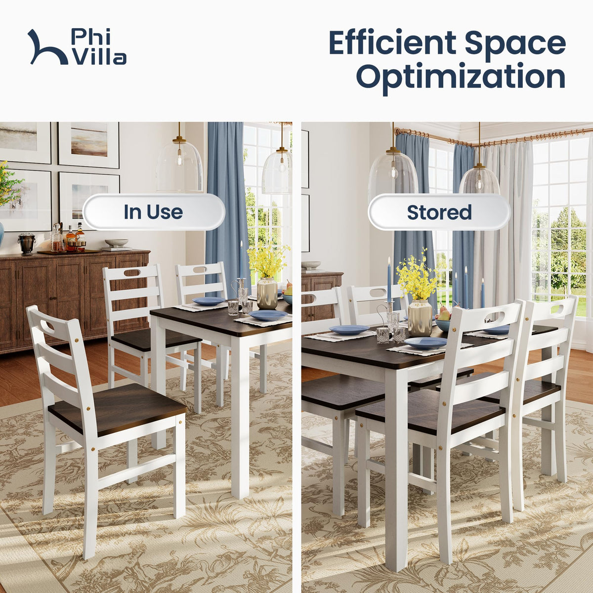 PHI VILLA Dining Table Set for 4, Solid Wood Kitchen Table and Chairs