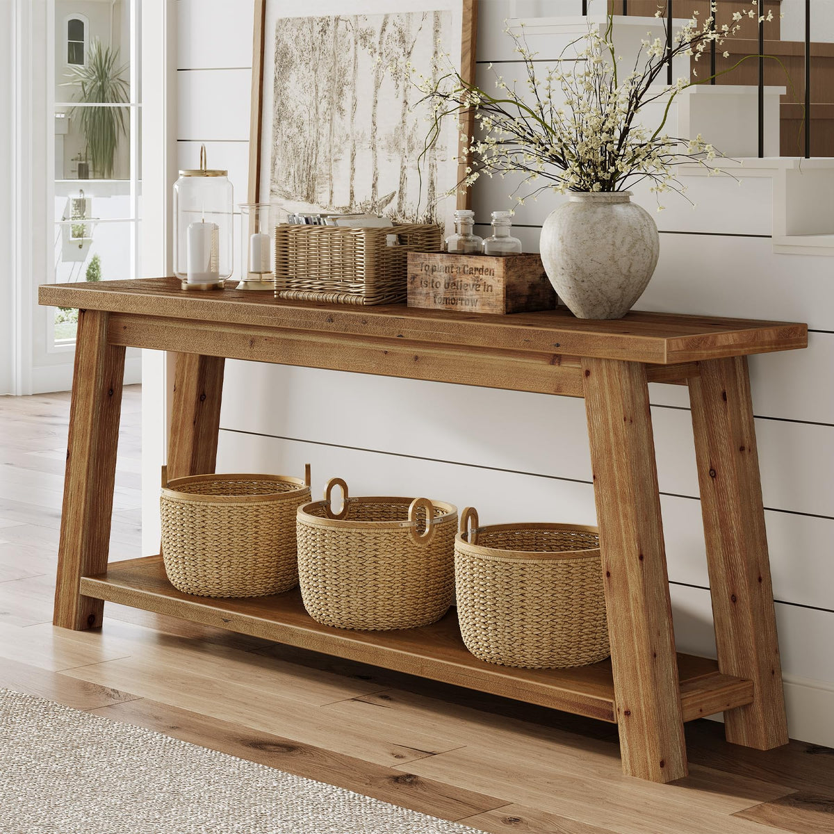 Solid Wood 2-Tier Console Table