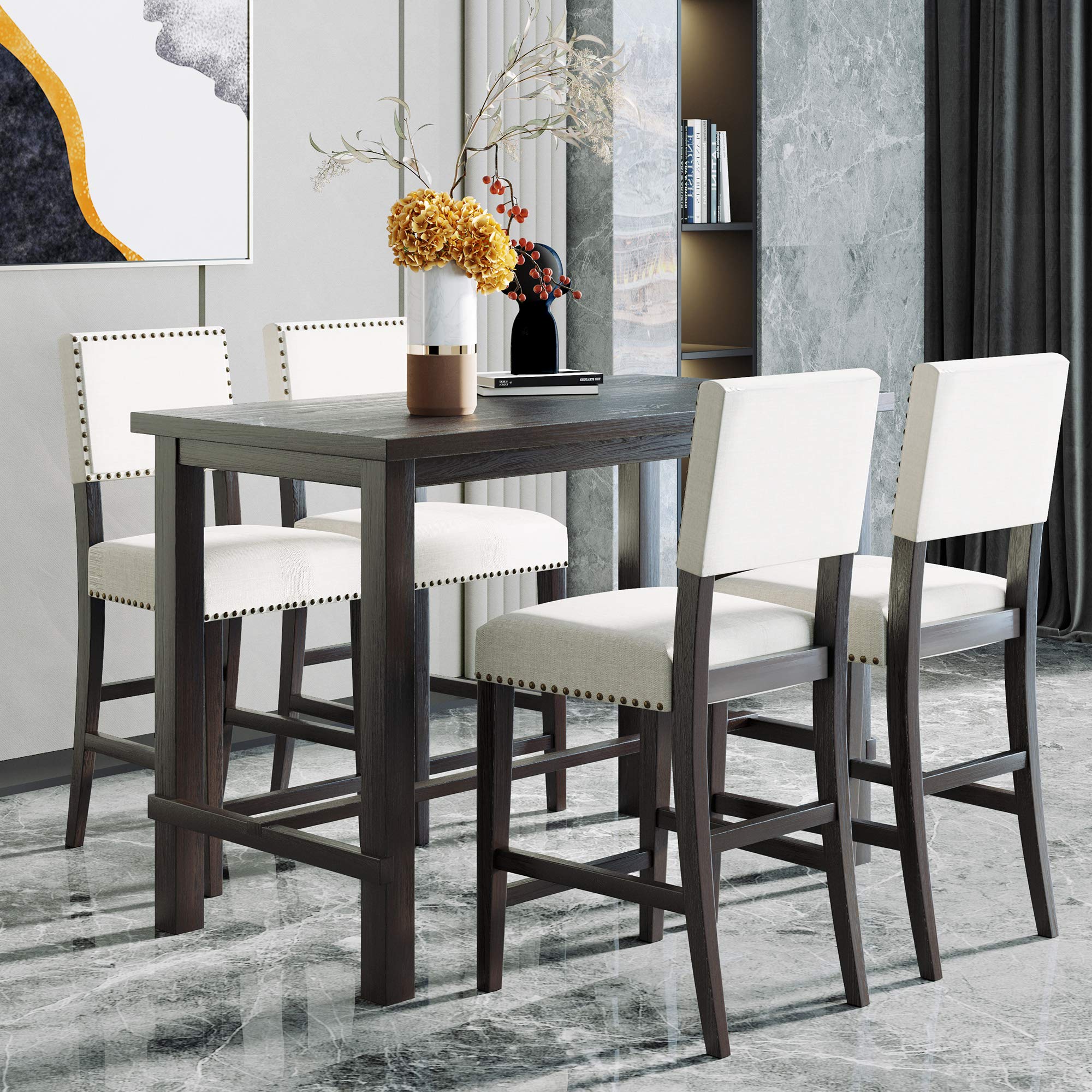 5-Piece Counter Height Dining Set with Faux Marble Table & Upholstered Chairs