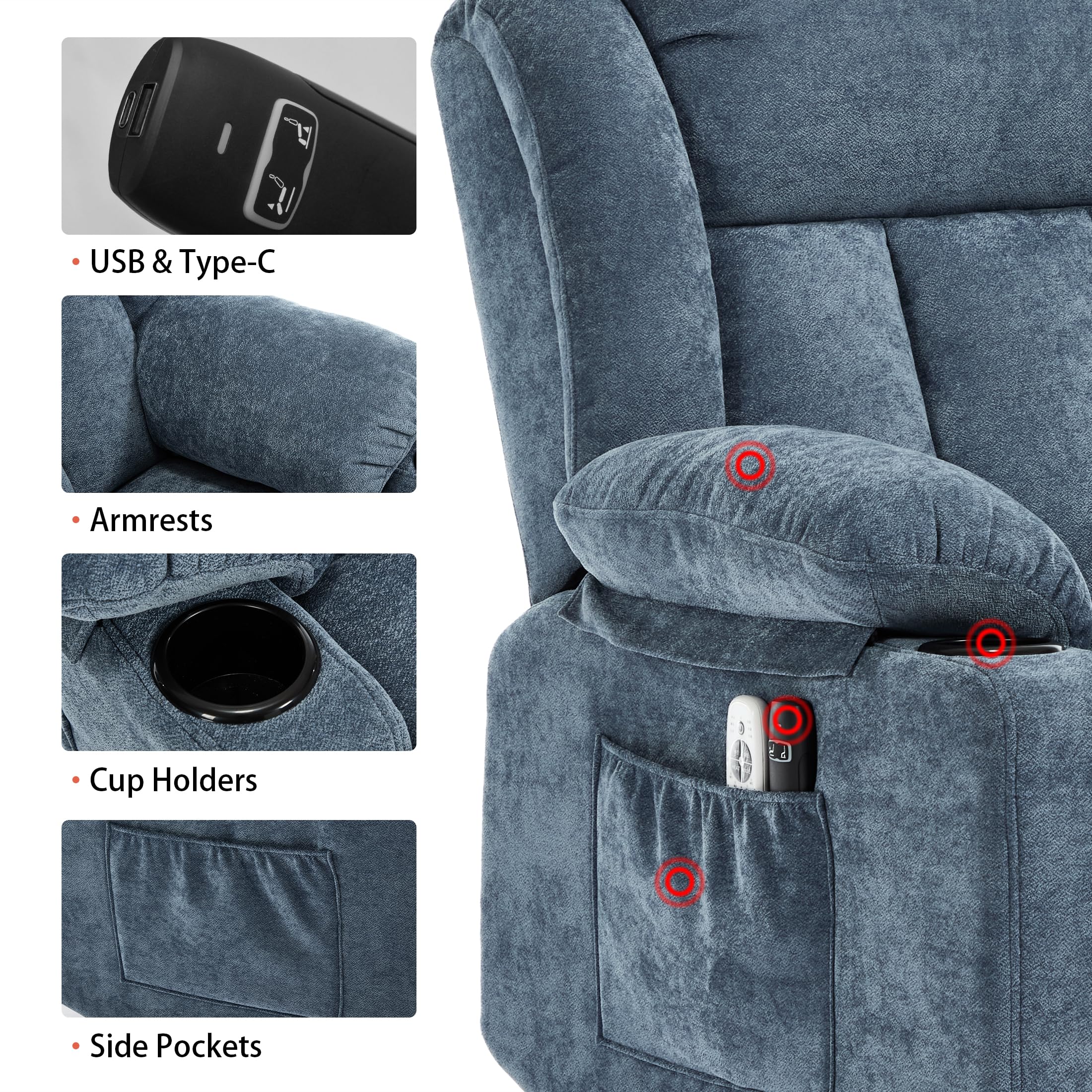 Power Lift Recliner Chair for Elderly with Massage and Heat, Recliner Chairs for Adults, Upgraded Fabric Reclining Sofa Chair with USB & Type-C Ports, L1288 (Blue)