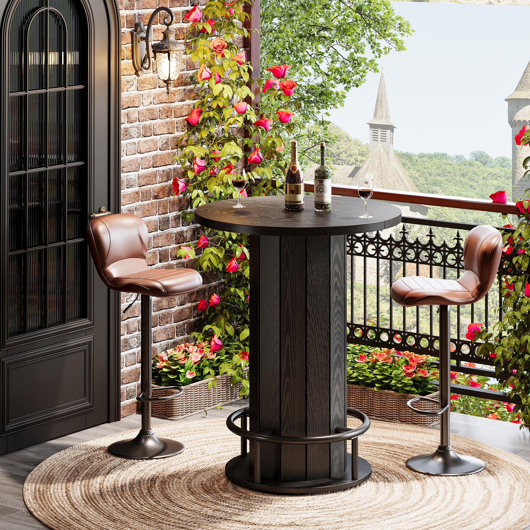 Farmhouse Round Bar Table with Metal Ring Footrest