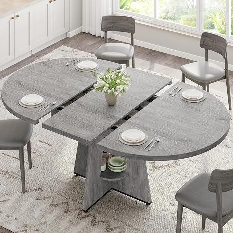 Extendable Round Dining Table with Storage Shelf