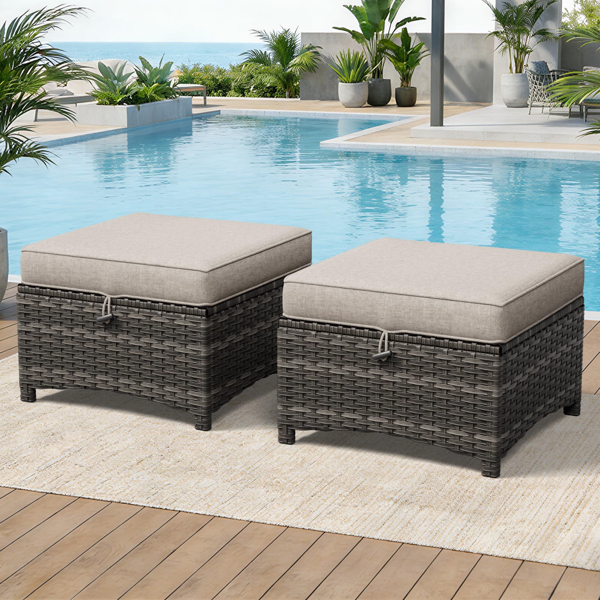 Outdoor Wicker Ottoman Set of 2 with Cushion