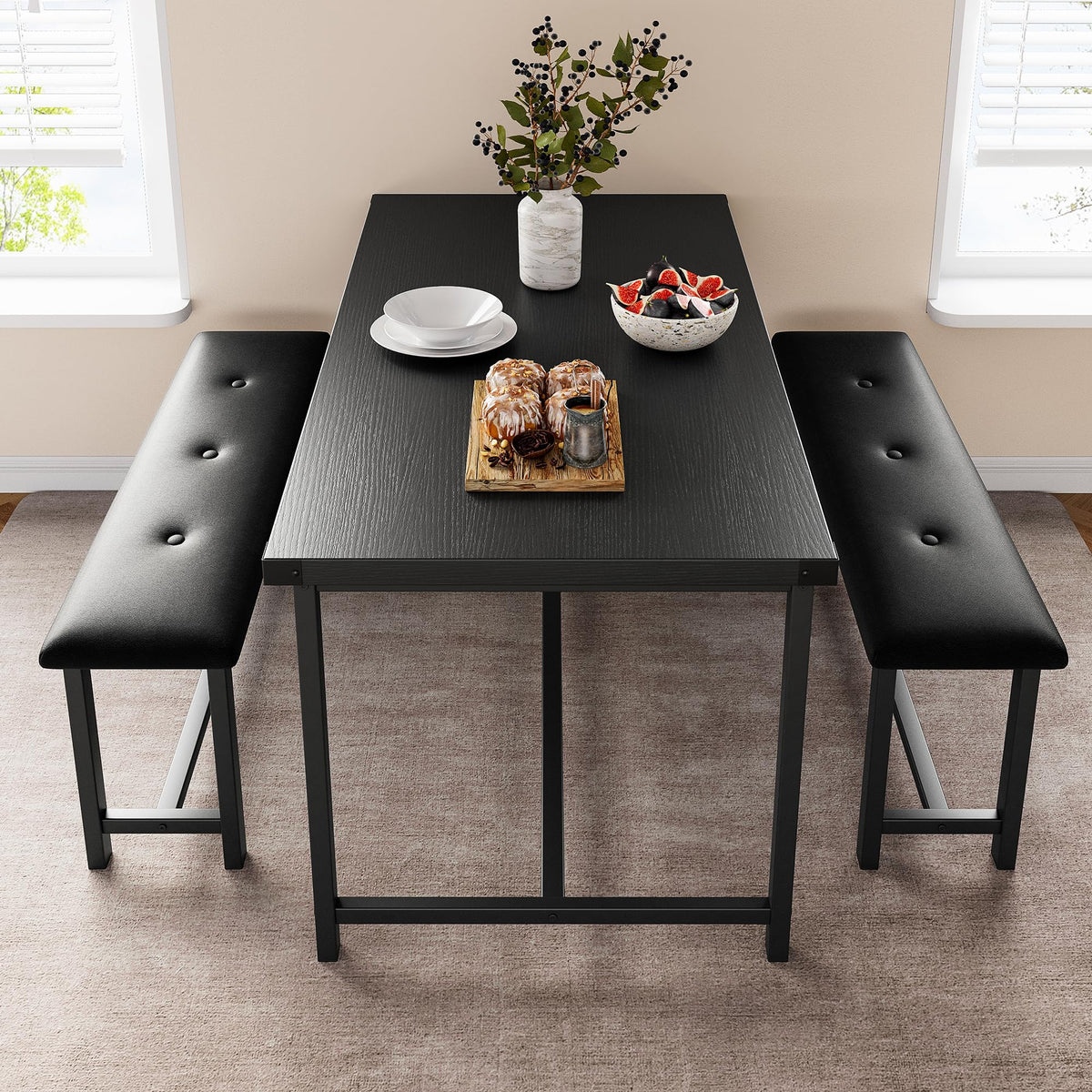 CABIHOME Dining Table Set for 4, Farmhouse Rectangular Kitchen Table with Upholstered Benches, 3-Piece Dining Table and Bench Set for Small Spaces, Apartment, Studio, Black