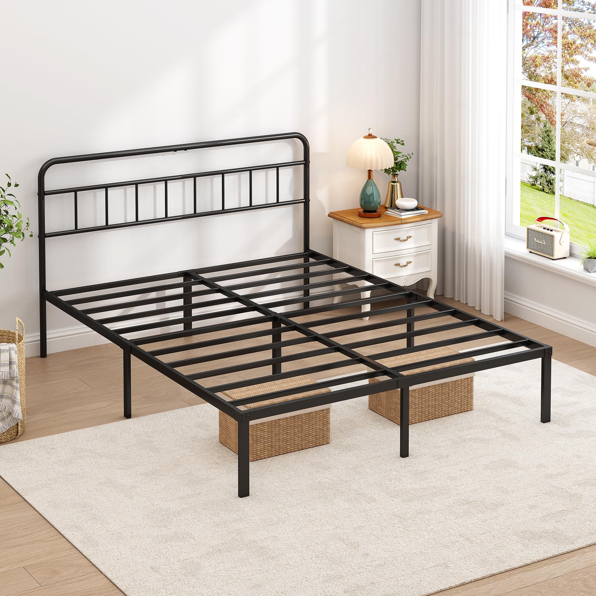 Metal Platform Bed Frame with Headboard & Under-Bed Storage