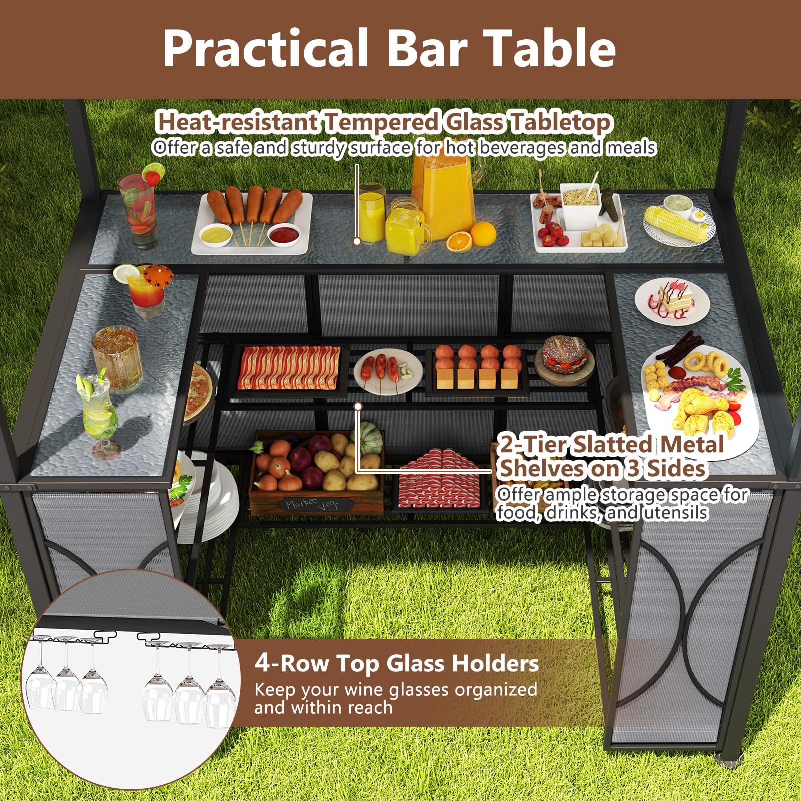 Tangkula 3-Piece Patio Bar Set, Grill Gazebo & 2 Bar Stools with Tempered Glass Bar Table, Metal Storage Shelves, Glass Holders, Double-Tier Soft Top Canopy BBQ Gazebo Shelter for Patio Garden (Grey)
