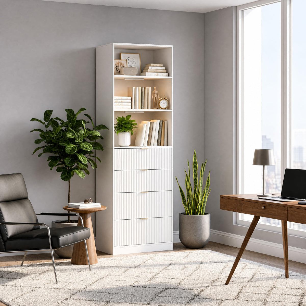 Fluted Bookshelf with 4 Drawers