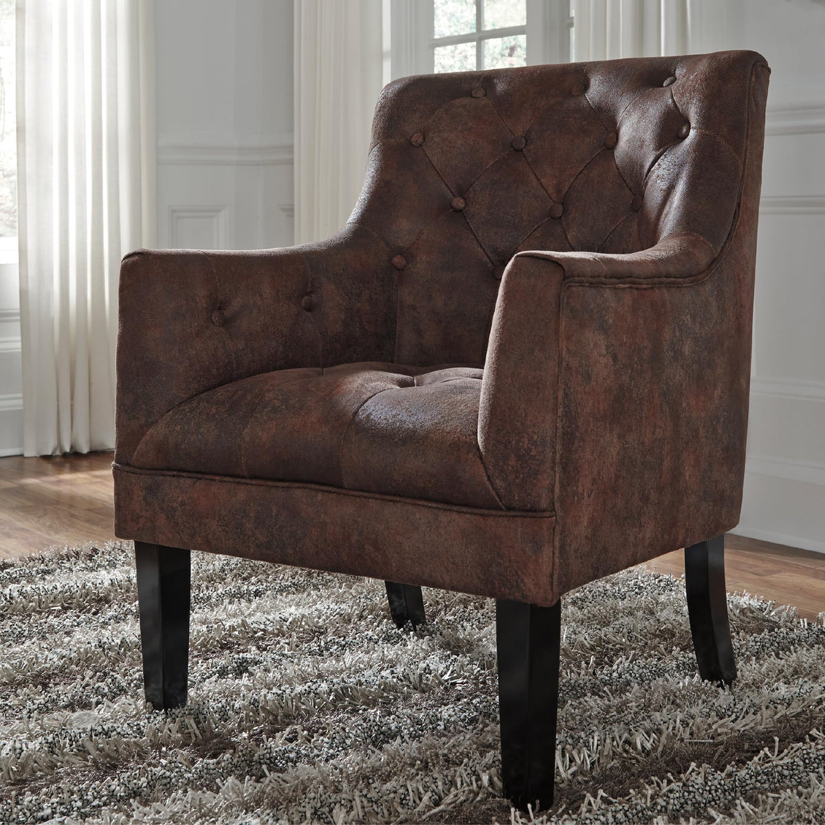 Signature Design by Ashley Drakelle Traditional Accent Chair with Diamond Button Tufting, Attached Cushions, Fabric Upholstery, 20.5" Seat Height, Dark Brown