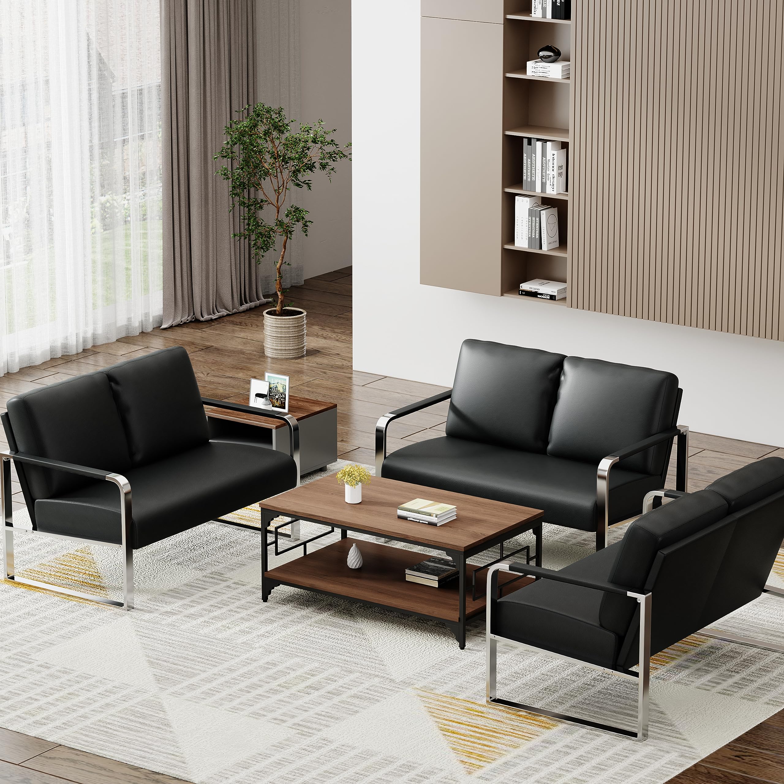 Love Seat Mini Couch Small Settee Loveseat Bench for Living Room, Faux Leather Loveseat Sofa Waiting Room Furniture for Small Spaces with Padded Cushion, Mid Century Modern Black Love Seats