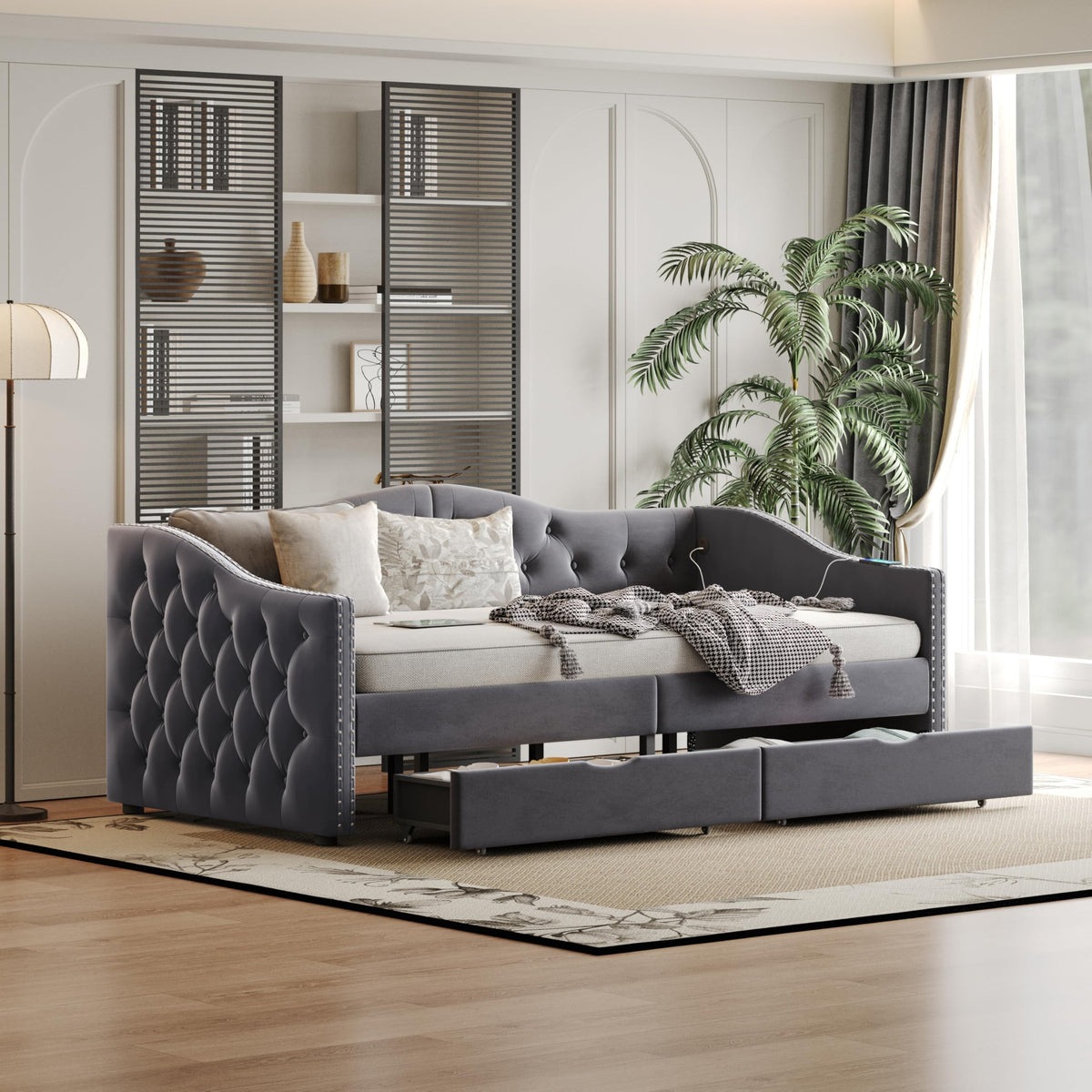KEIKI Full Size Daybed with 2 Drawers & USB Charging Port, Upholstered Velvet Captains Bed Frame with Storage for Bedroom/Guestroom/Dorm, Gray