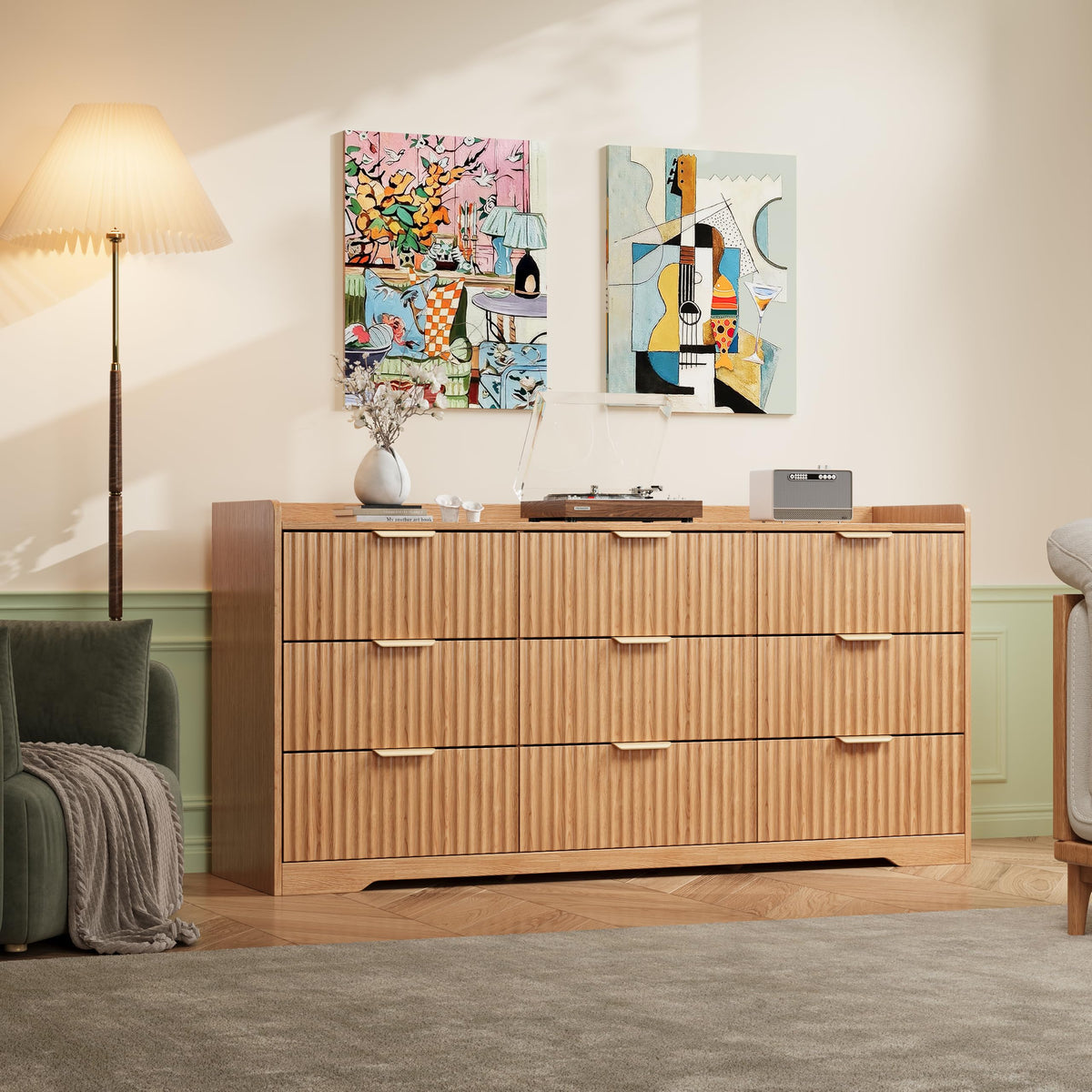 Furnulem Wooden Fluted Bedroom Dresser, 57.87" W TV Stand with Metal Handle