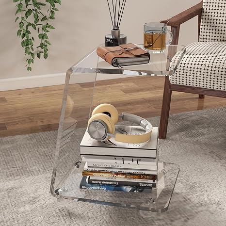 Clear Acrylic C-Shaped Side Table with Wheels