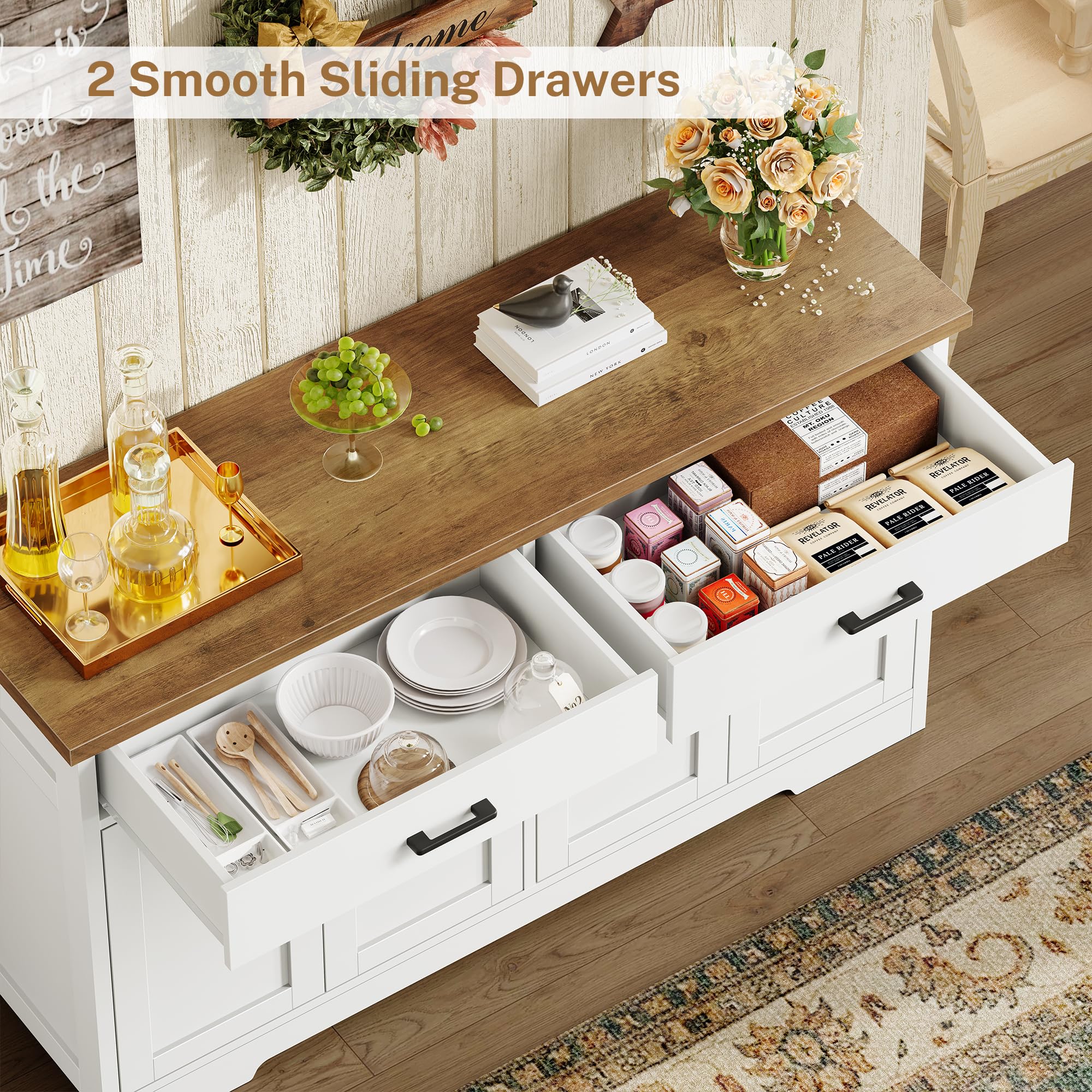 SLINEMO Buffet Cabinet with Storage and 2 Drawers, Large Sideboard Buffet Cabinet with Adjustable Shelves and Doors, Modern Coffee Bar Cabinet, White