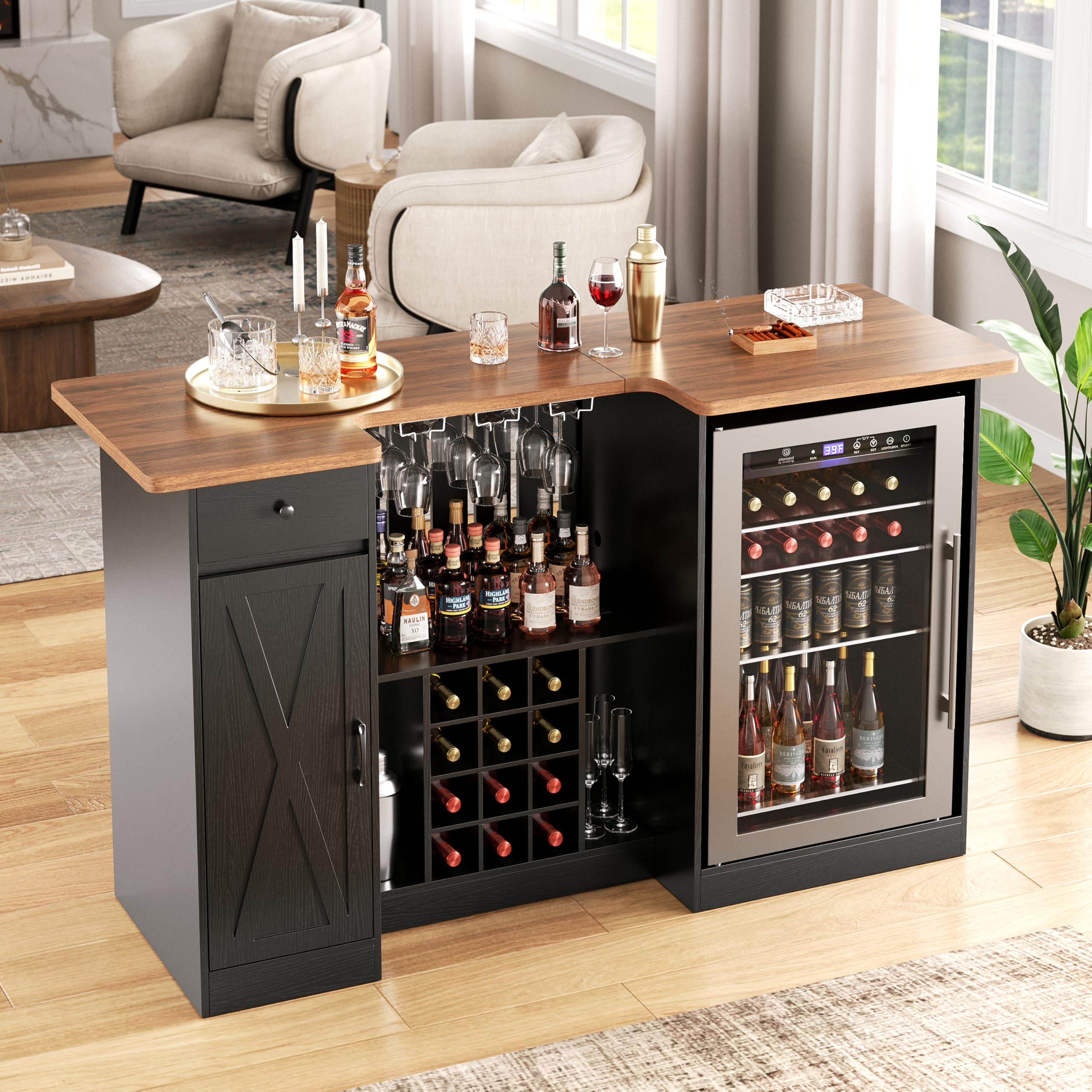 Terroute 72" U-Shape Liquor Cabinet with Fridge Space, Bar Table with Wine Rack Glass Holder, Wine Bar Cabinet with Storage, Home Bar Cabinet for Man Cave Home Pub Basement Living Room, Black LRBT001B