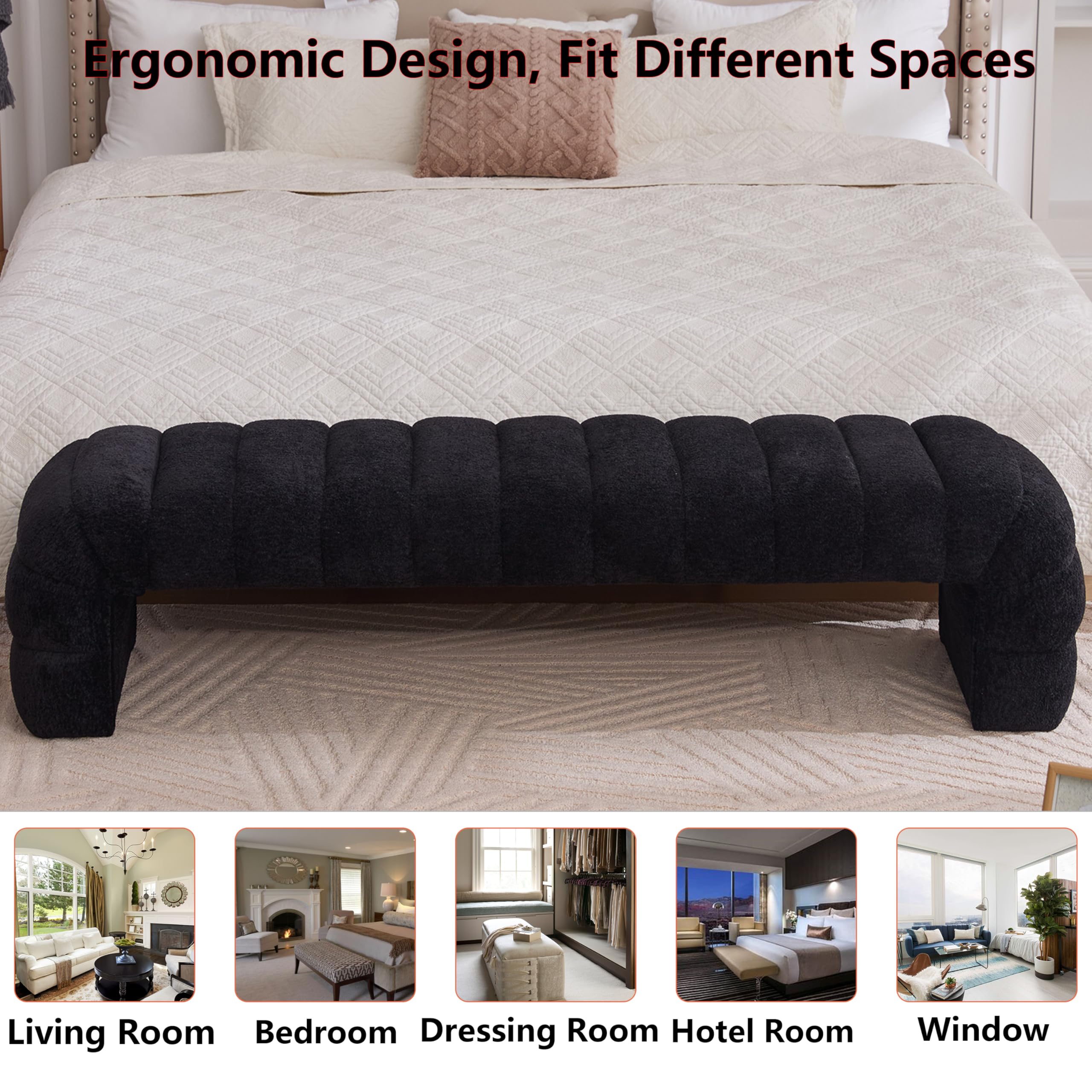 OIKIIWOO Arched Ottoman Bench for Bedroom Living Room,69.7" Chenille Long Benches for Bed End King Size,Modern Channel Tufted Seating Bench for Entryway,Window,Bedside (Black, 69.7")