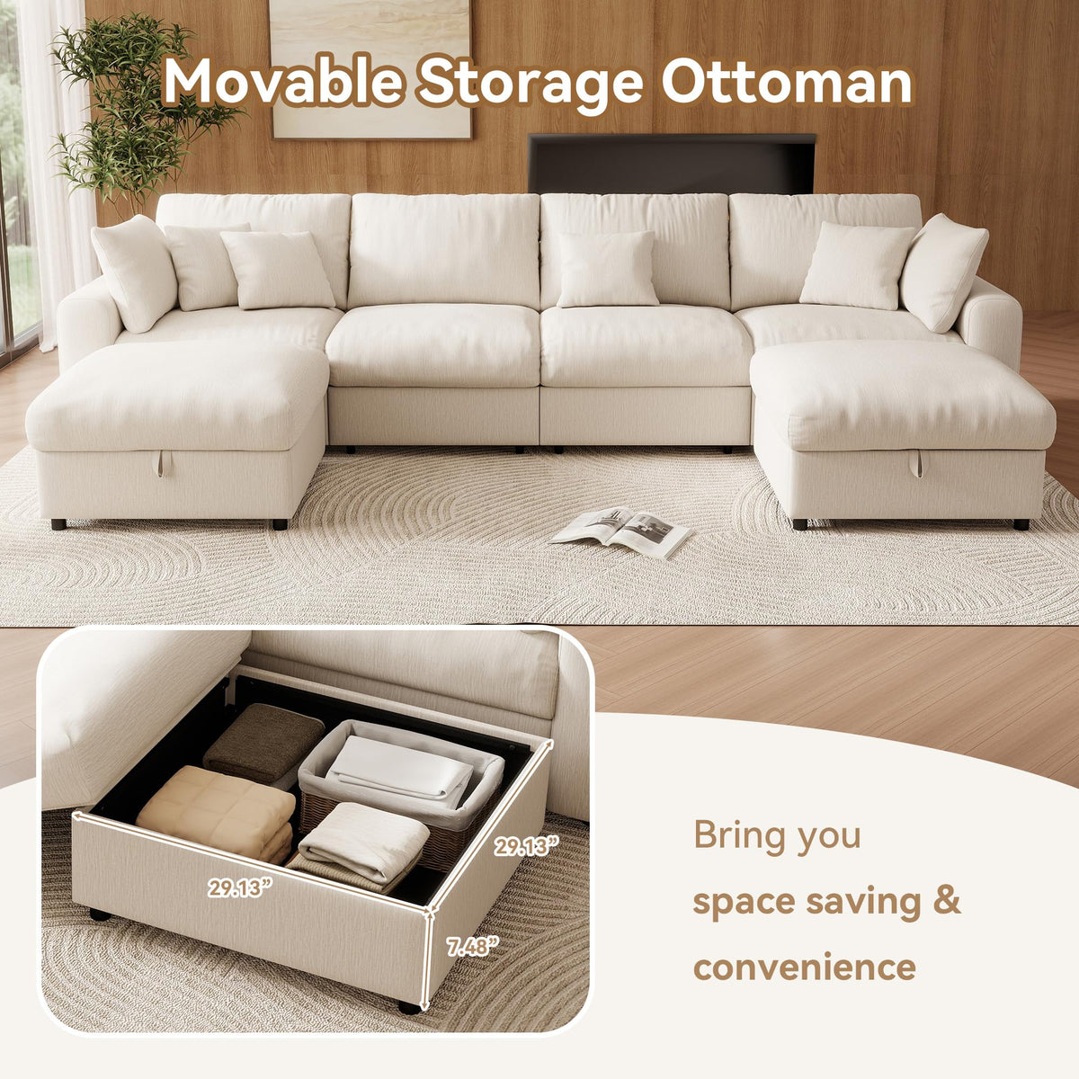 WorthFurni 140” Oversized Cloud Sectional Couches for Living Room, Modern Modular Sectional Sofa with Deep Seat, Convertible U Shape Couch with Storage Ottoman for Apartment, Chenille (Warm White)