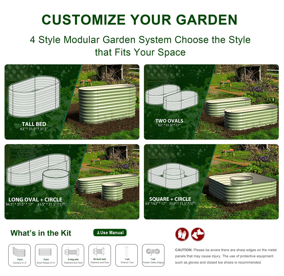 Olle 4-Style Modular Galvanized Raised Garden Beds Outdoor Easy Quick Setup, 17" Tall, 4-in-1 Metal Planter Boxes Outdoor for Flowers Vegetables Fruits Herbs DIY Gardening, Sage Green