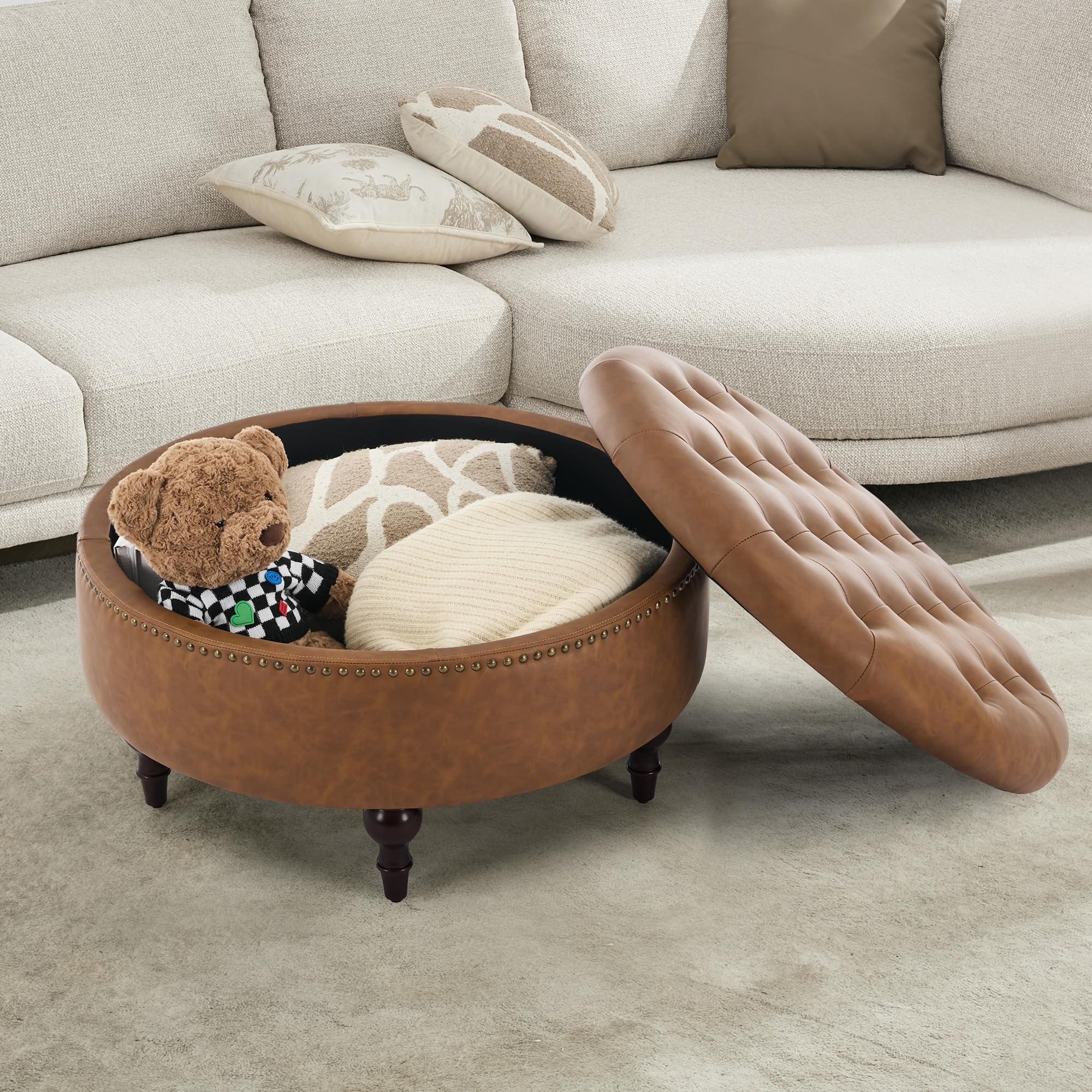 obmedin 31.5" Large Round Storage Ottoman, Upholstered Tufted PU Ottoman Coffee Table, Large Footrest with Solid Wooden Legs and Nailheads, Side Table for Living Room Bedroom Office, Brown