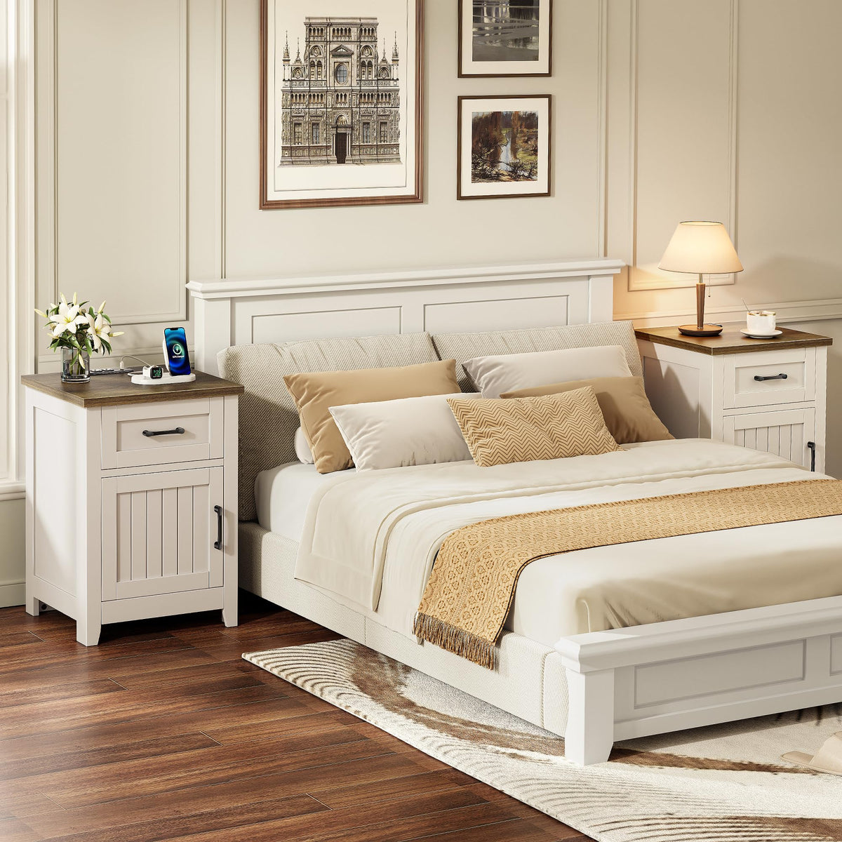 Decofy Farmhouse End Table Set of 2 with Charging Station White