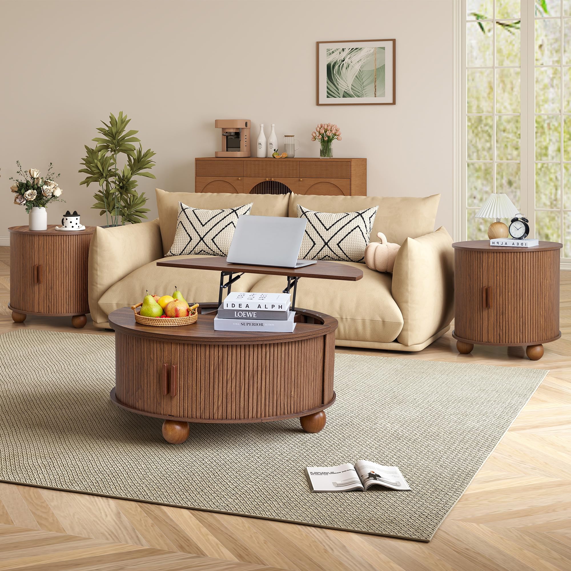 SUJOUCRAFT 33.5" Round Lift-Top Coffee Table with Storage, Mid-Century Wood Fulted Coffee Table with Sliding Door & Ball Legs, Living Room Center Drum Table for Apartment Living Room (Brown)