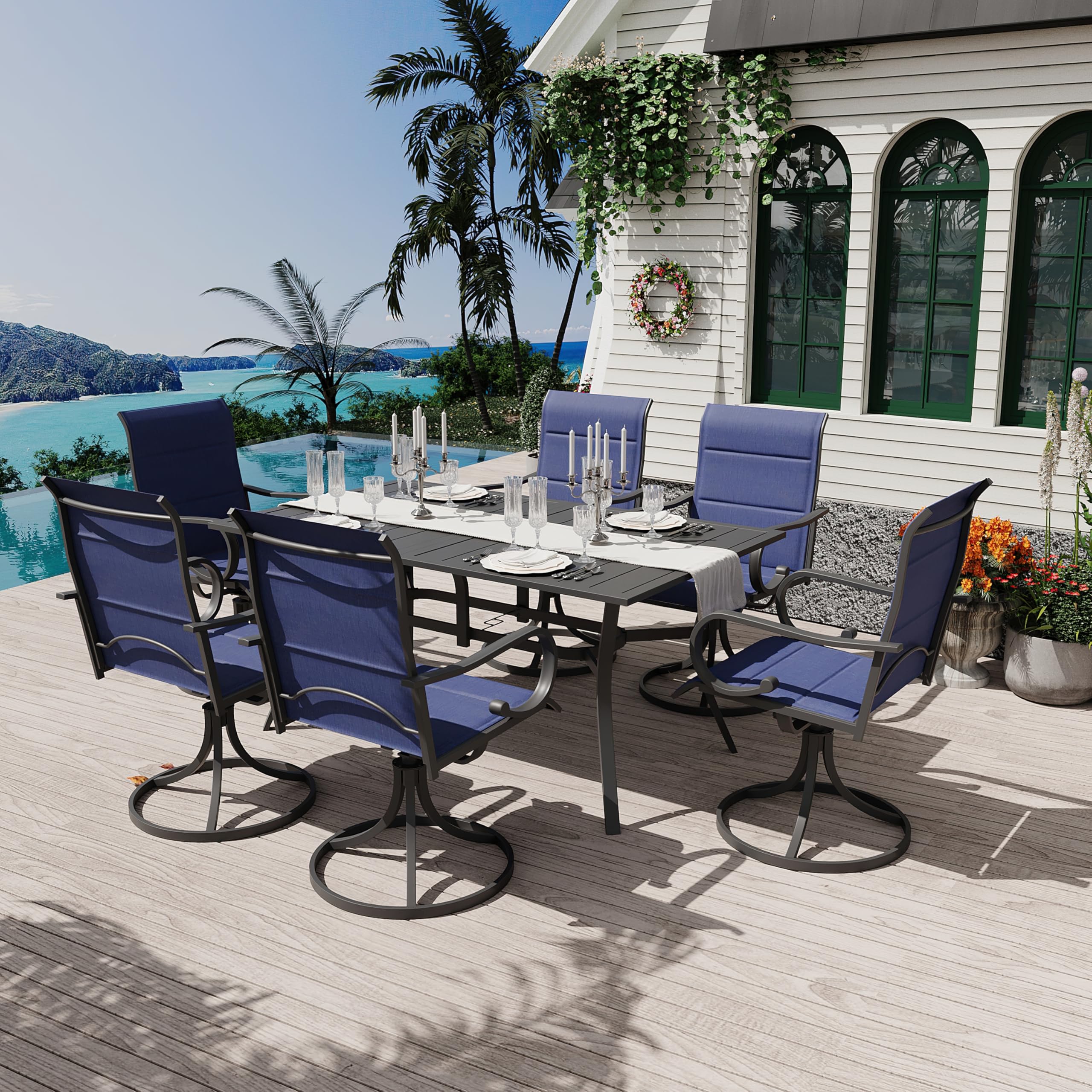 MELLCOM 63''x38'' Outdoor Dining Table for 6, E-Coating Metal Patio Dining Table with 1.57'' Umbrella Hole, All-Weather Black Rectangular Table for Porch, Garden, Backyard, Poolside, Lawn