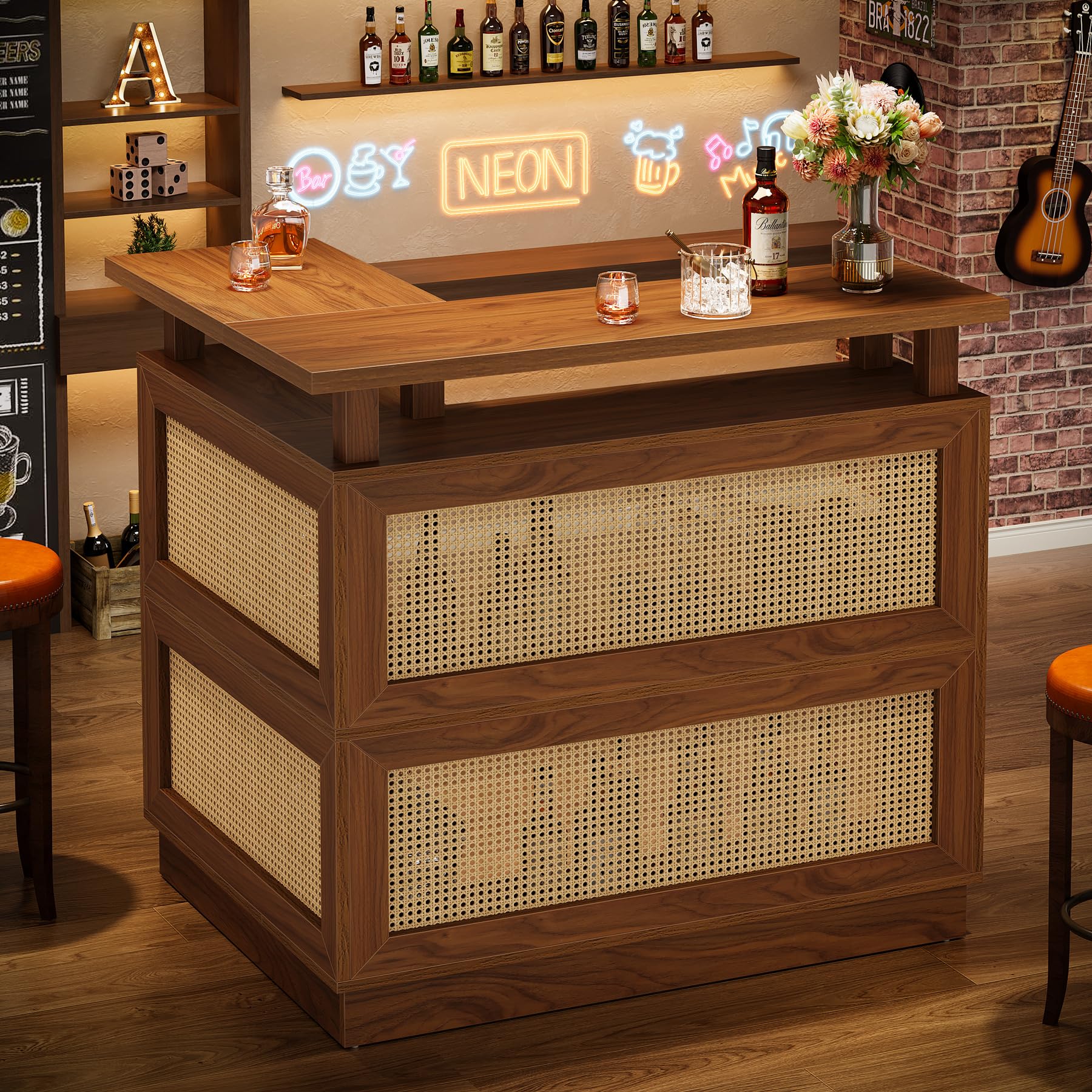 Tribesigns L Shaped Bar Table with 4-Tier Storage Shelf, Rattan Home Bar Unit with 2 Stemware Racks and Heightened Base, Corner Mini Coffee Liquor Cabinet for Home/Kitchen/Pub, Brown