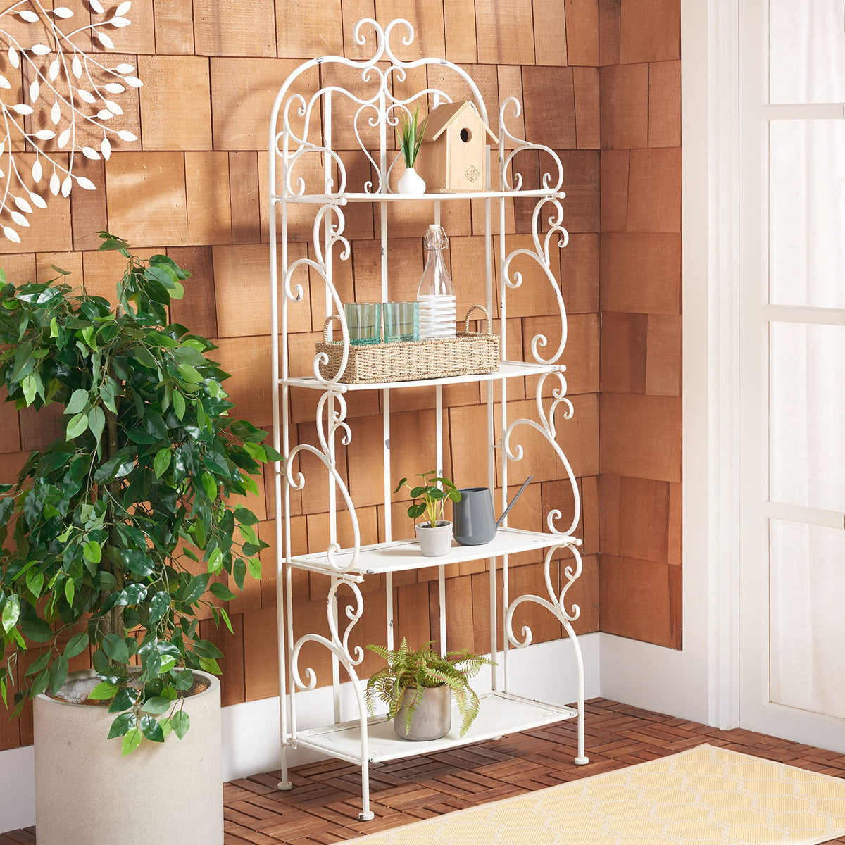 SAFAVIEH Outdoor - Tyrique Antique White Victorian Wrought Iron 4-Tier Shelf Unit, Metal Plant Stand Baker’s Rack, Decorative Patio Garden Storage, 24.8" W x 12.6" D x 65.8" H (PAT5033A)