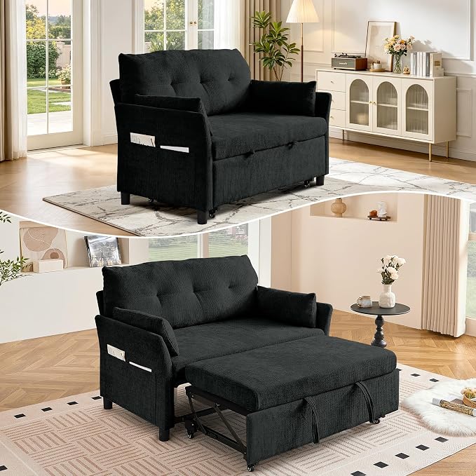 Green Linen Pull-Out Sleeper Loveseat