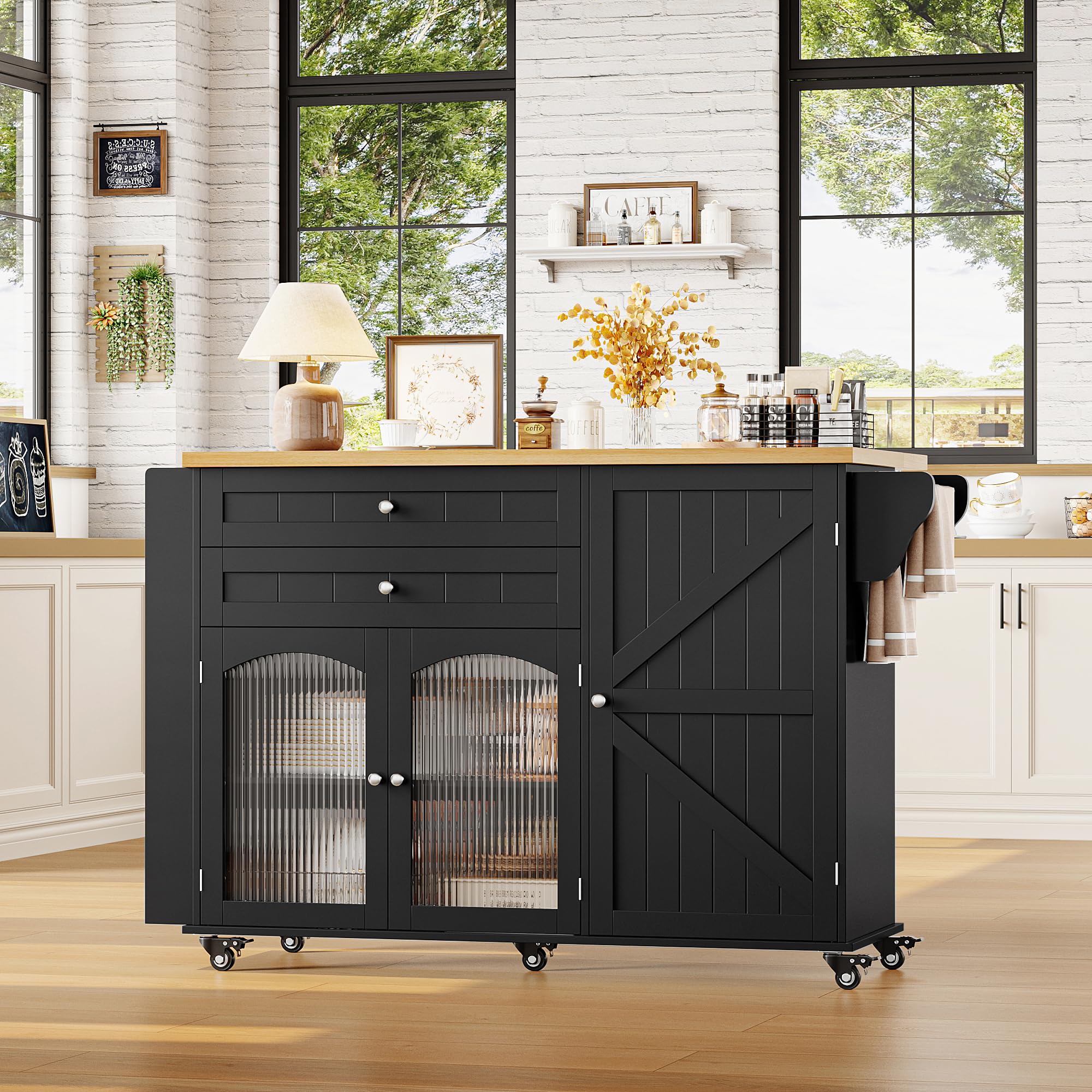 Rolling Kitchen Island Cart with Drop Leaf Countertop