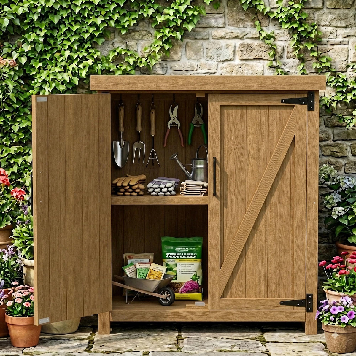 Weatherproof Outdoor Storage Cabinet, HIPS Waterproof Cabinet, Teak