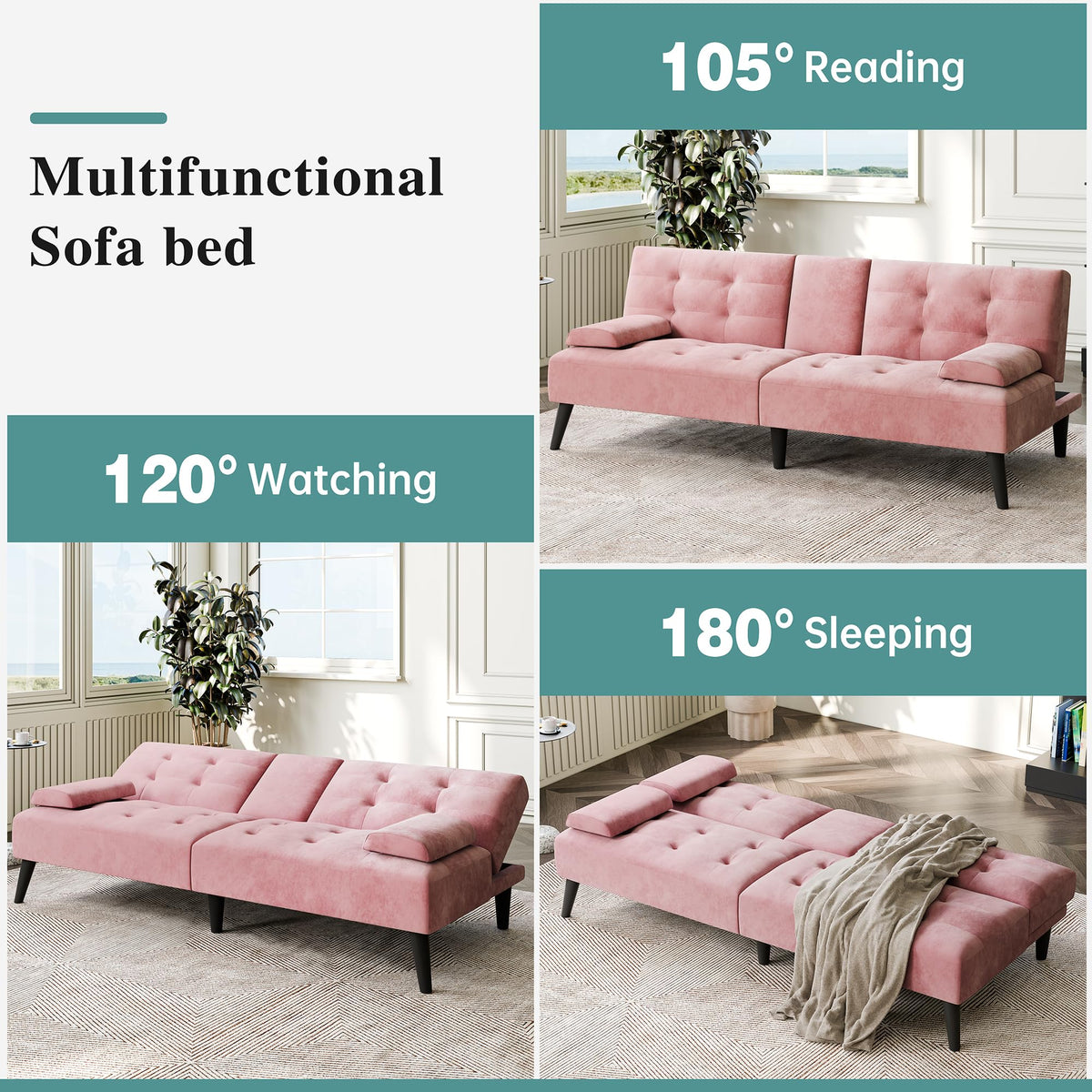 Meilocar Futon Sofa Bed, 64 in Small Couch with Cup Holders, Pink