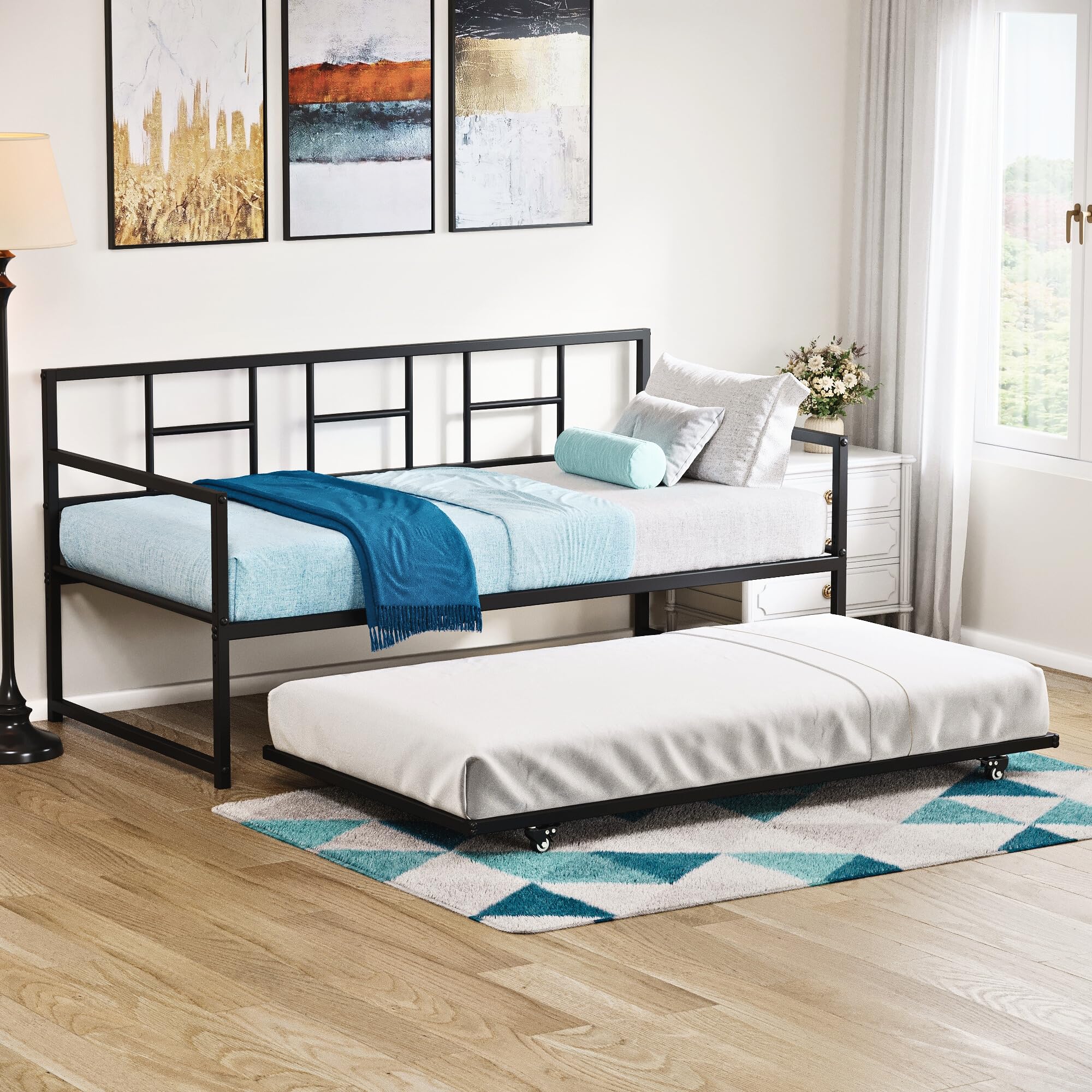 YITAHOME Daybed with Trundle, Adjustable Height Twin Daybed with Pull Out Trundle, Sofa Bed Couch with Steel Slat Support for Living Room and Guest Room, Black