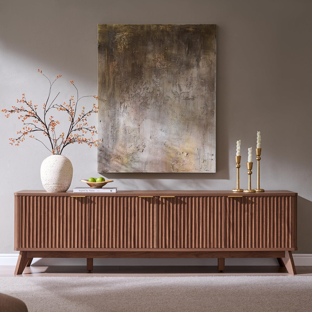 OKD 70" Mid Century Modern Fluted TV Stand,4-Door Storage, Light Walnut