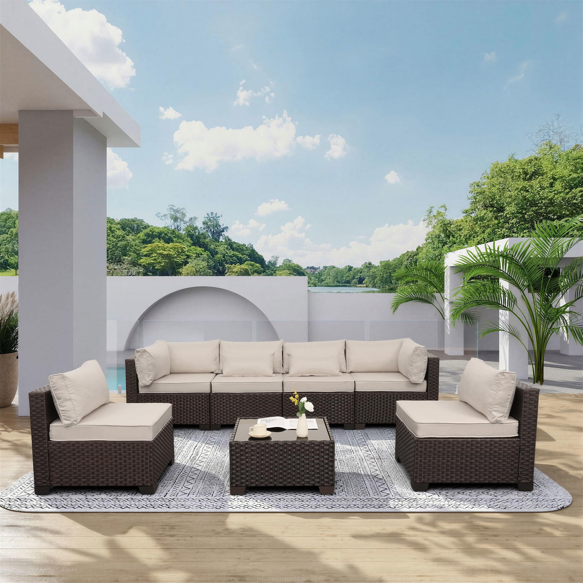 Rattaner 7 Pieces Wicker Patio Furniture Conversation Set Outdoor Sectional Sofa Glass Coffee Table with Non-Slip Cushions and Furniture Cover, Beige