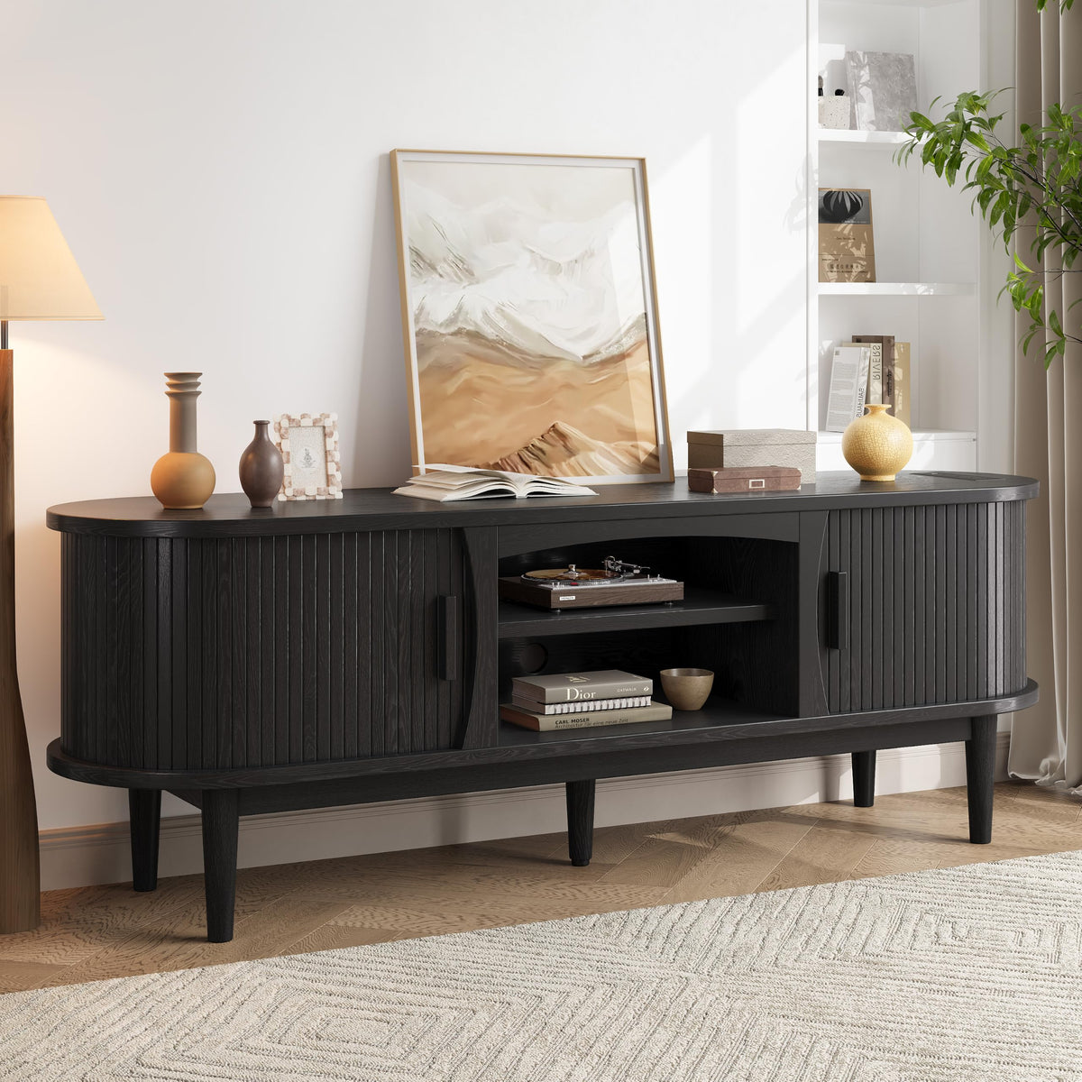 Decofy 63" Fluted TV Stand for TVs Up to 70" with Charging Station, Black