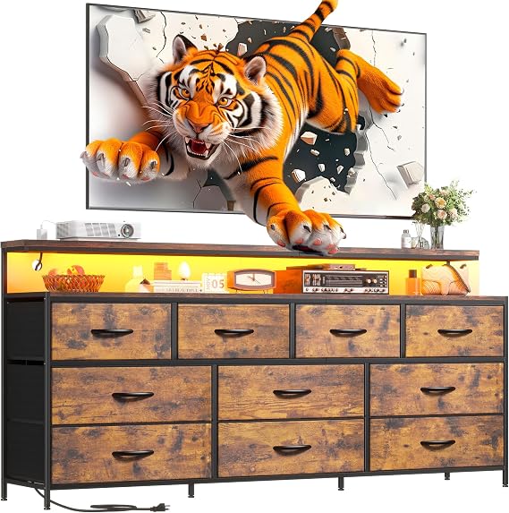 55" Wide Dresser with LED Lights & Power Outlets, 10 Fabric Drawers
