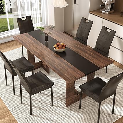 7-Piece Dining Table & Chair Set, 71" Rectangle Table with 6 Upholstered Chairs