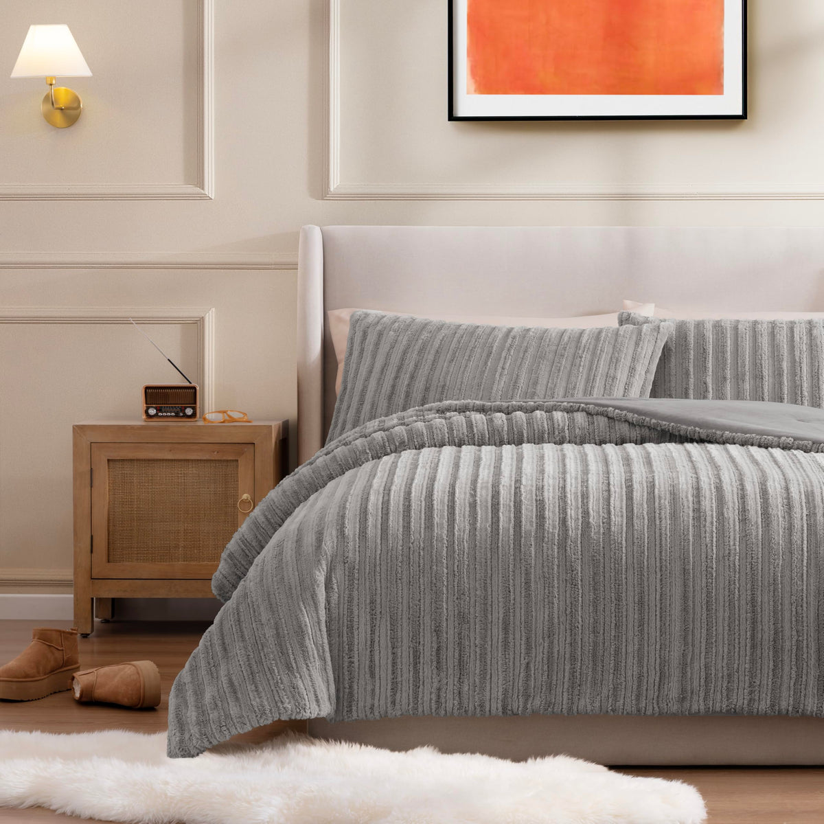 Grey Faux Fur King Comforter Set