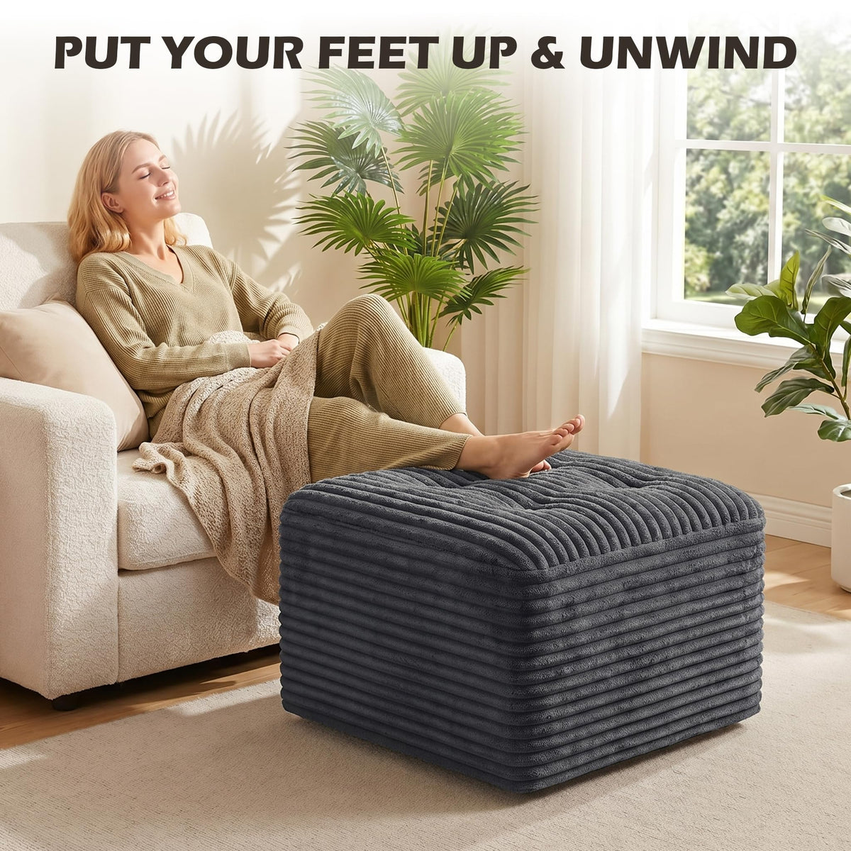 OXVIT 23.6in Pouf Ottoman, Corduroy Ottoman Foot Rest Footstool, Grey